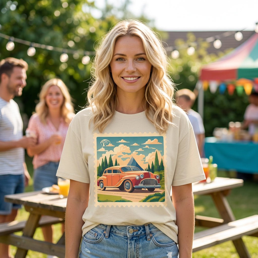 Vintage Road Trip Car T-Shirt | Retro Camper Scenic Stamp Graphic Tee Unisex 100 Cotton Gildan T-Shirt