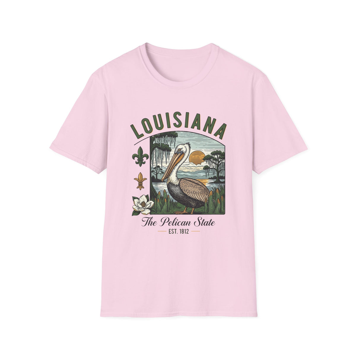 Louisiana Pelican State Graphic T-Shirt — Vintage Bayou Sunset Travel Tourist Graphic Design Unisex 100 Cotton Gildan T-Shirt