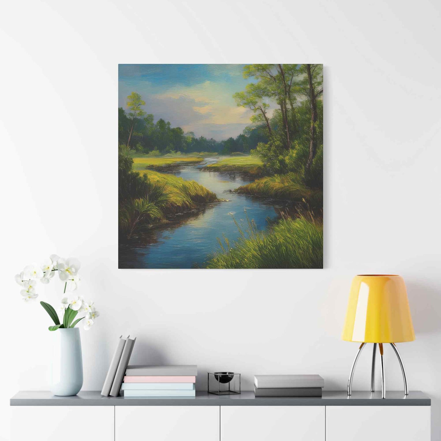 River Print Canvas, Landscape Oil Paint Print 20x20, 24x24, 30x30, 32x32, 36x36 Art Design Print Pine-Wood Inner Frame MC-52