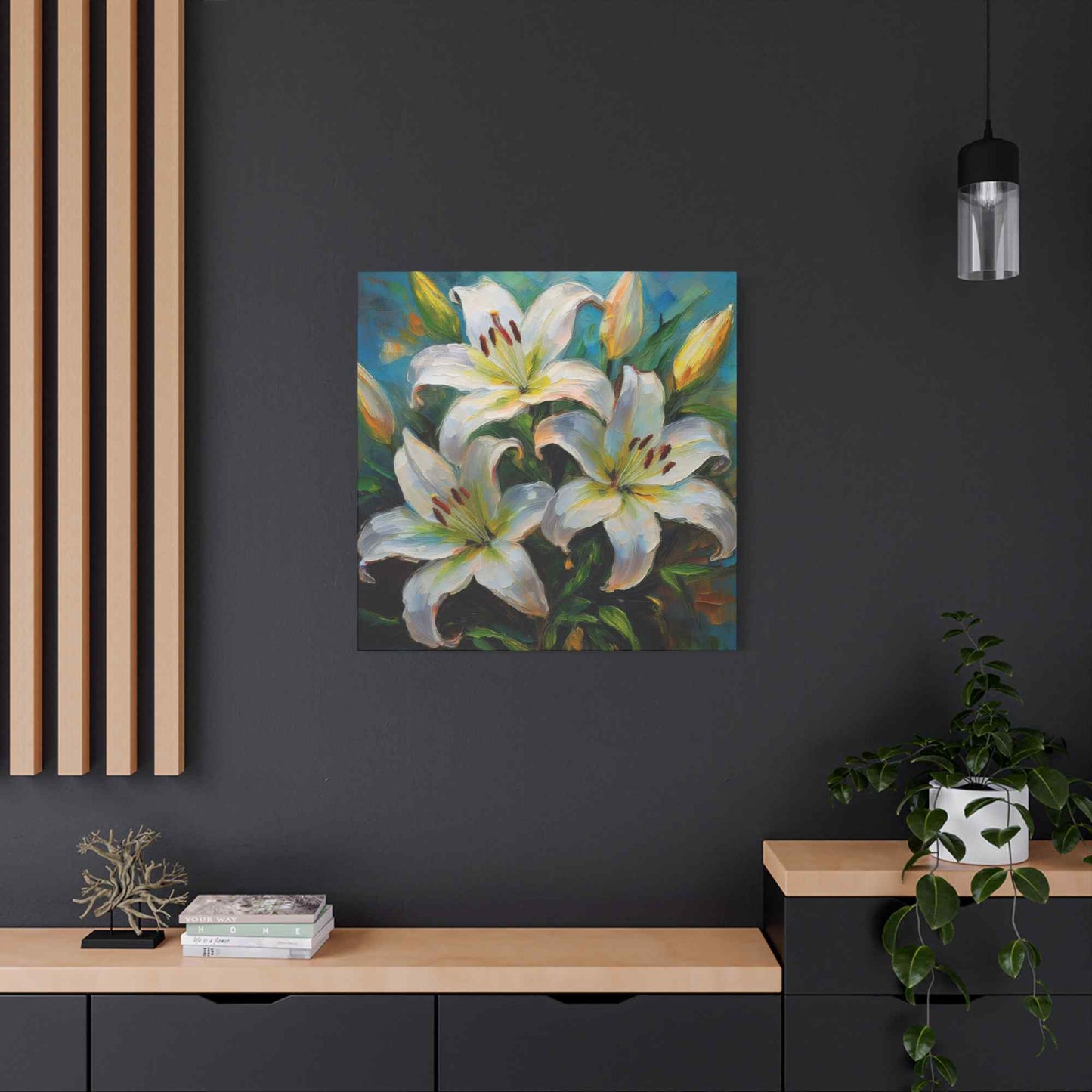 White Lilies Print Canvas, Floral Oil Paint Print 20x20, 24x24, 30x30, 32x32, 36x36 Art Design Pine-Wood Inner Frame MC-154