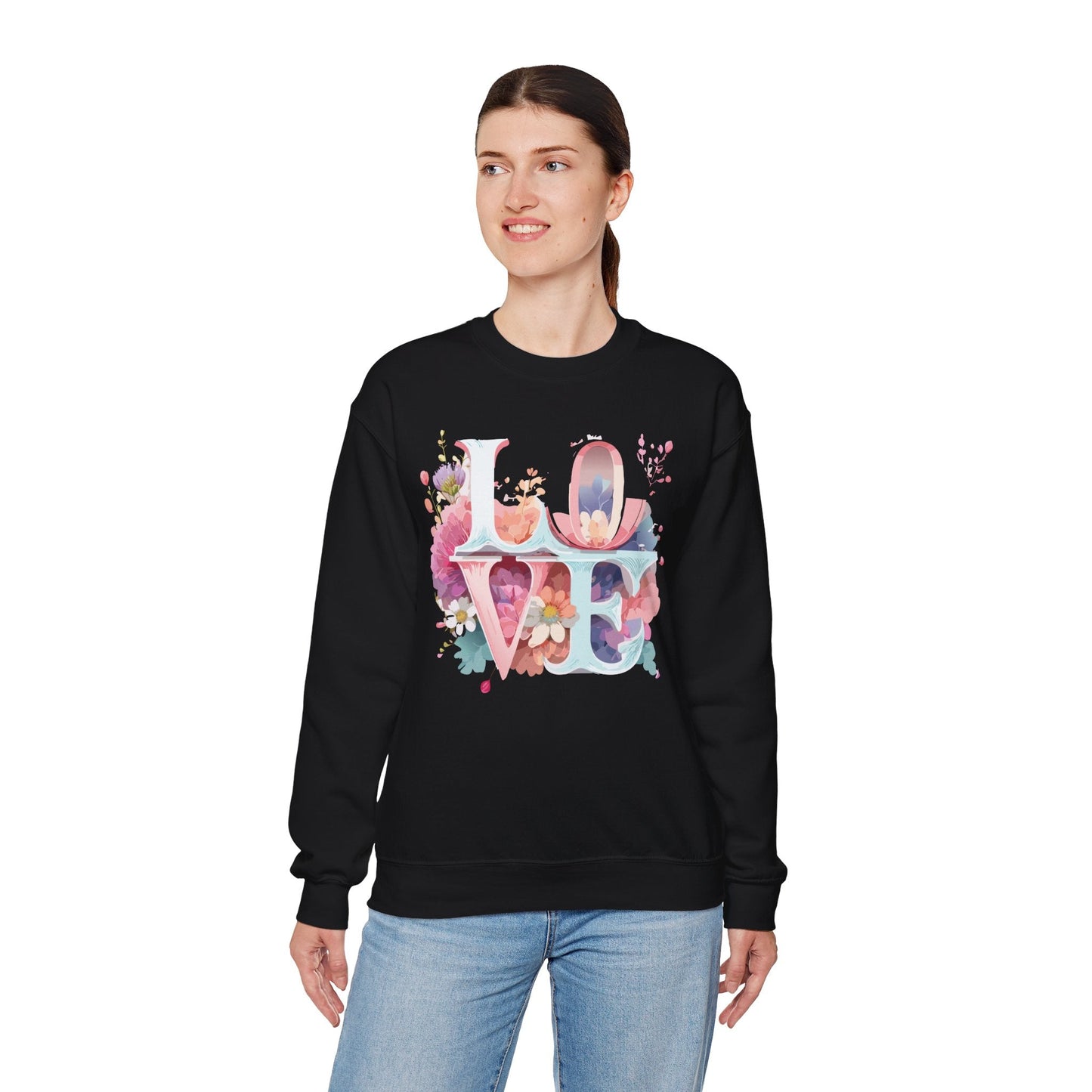 Floral Love Sweatshirt Valentines Day Flower Print Unisex Crewneck Heavy Blend Cotton Polyester