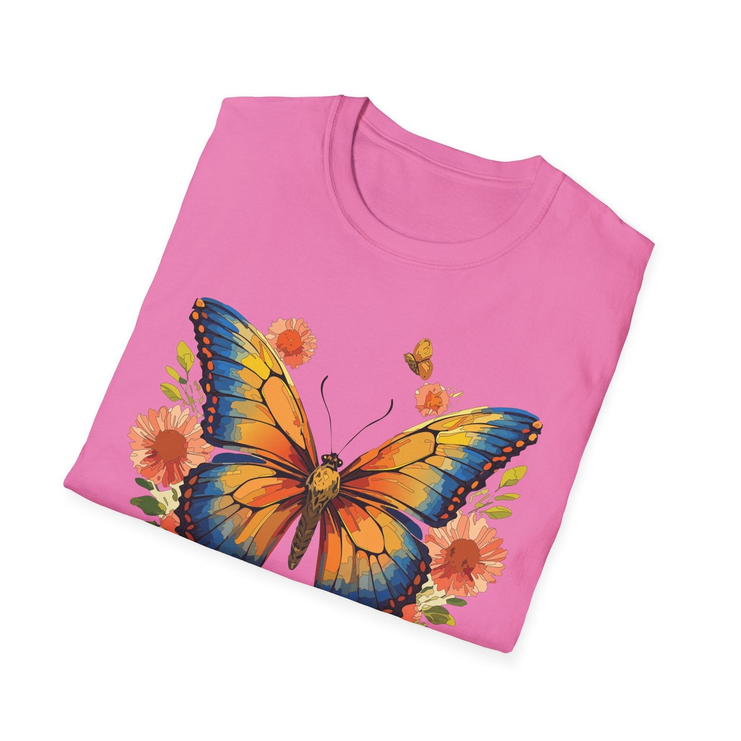 Butterfly T Shirt Unisex Softstyle Gildan 64000 Monarch Print 100 Percent Ring Spun Cotton