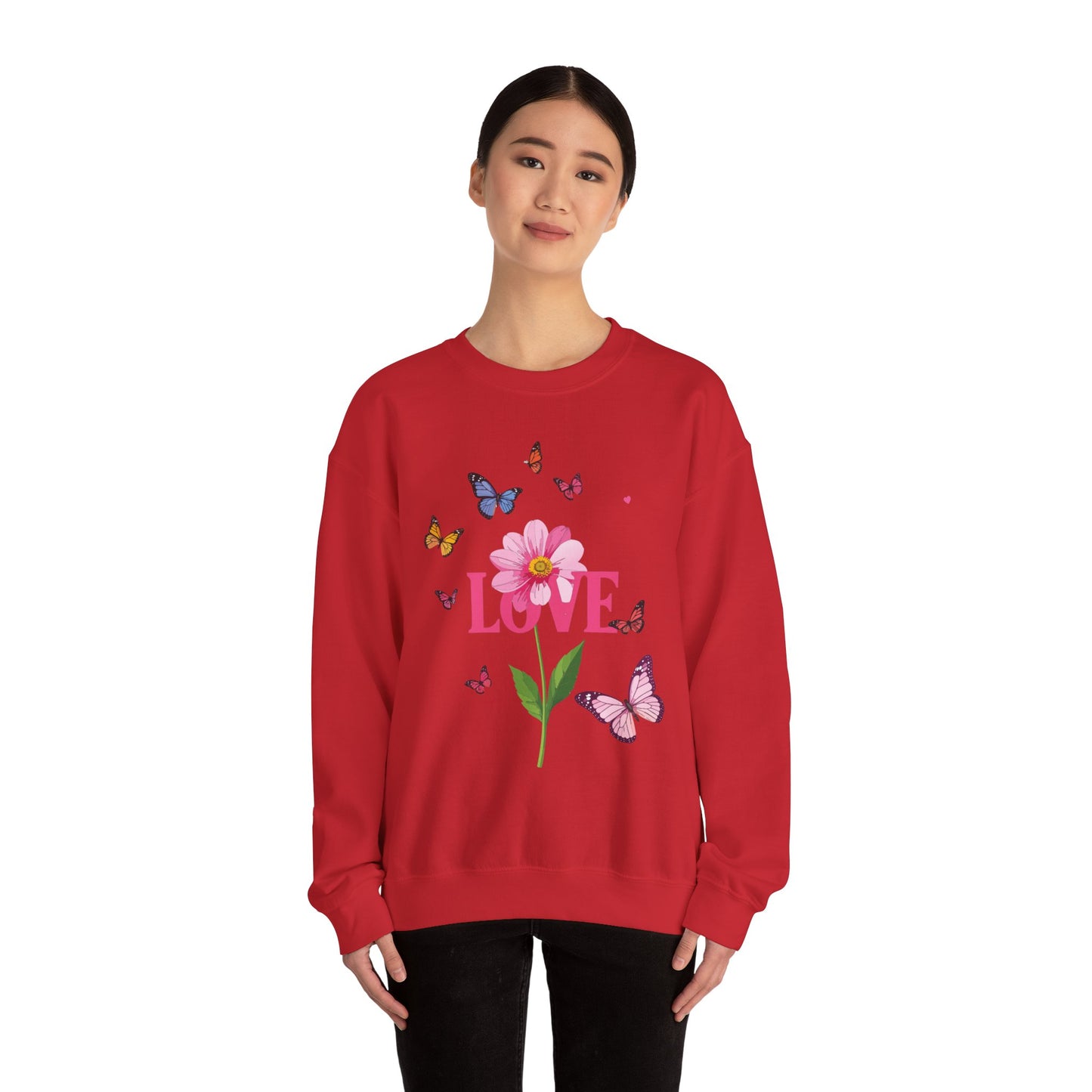 Unisex Floral Love Sweatshirt, Love Floral Sweatshirt, Floral Butterfly Sweatshirt, 50/50 Cotton-Poly Valentine's Day Sweatshirt 01