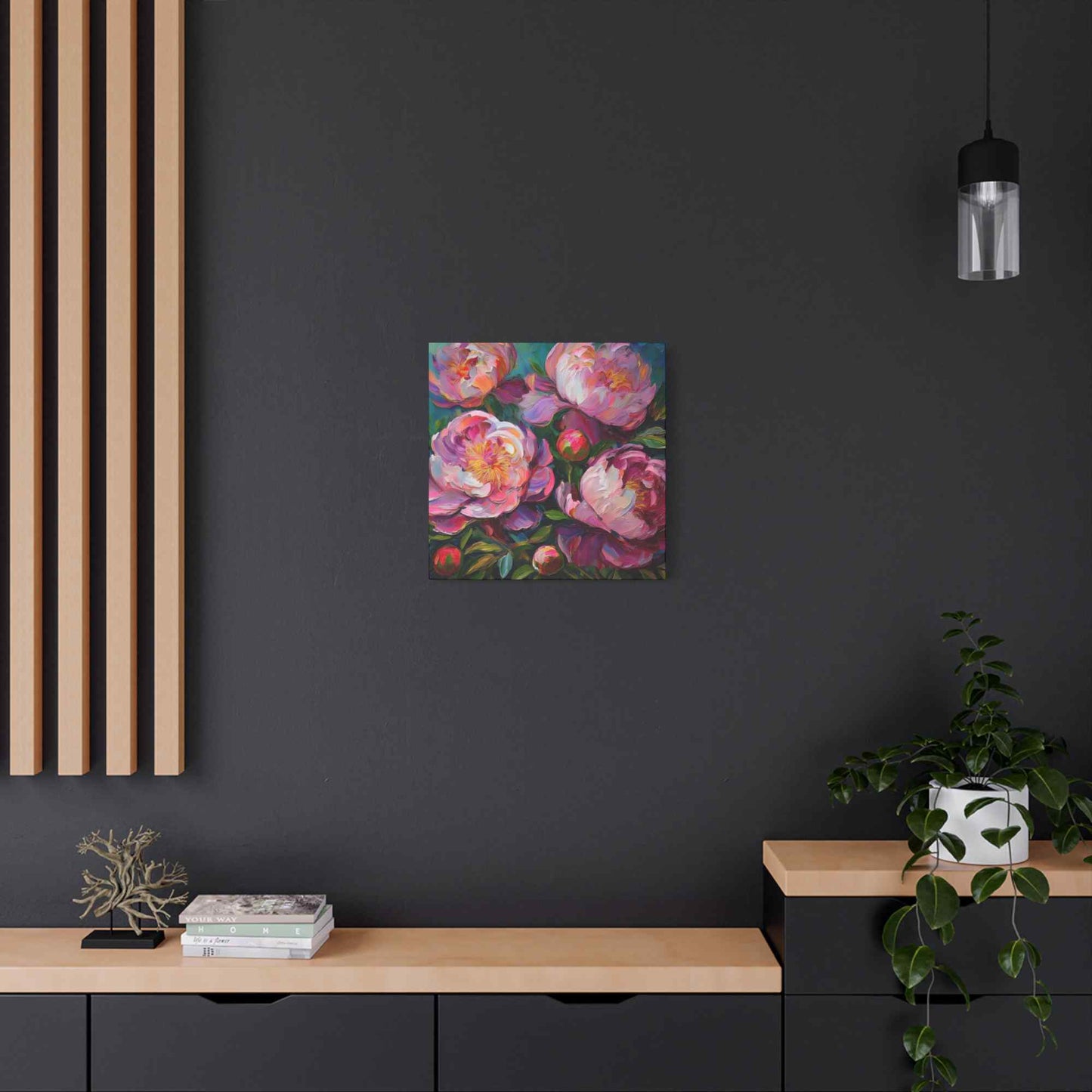 Pink Peonies Print Canvas, Floral Oil Paint Print 20x20, 24x24, 30x30, 32x32, 36x36 Art Design Pine-Wood Inner Frame MC-114