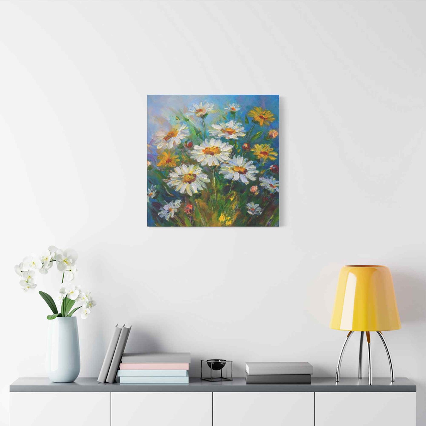 White Daisies Print Canvas, Floral Oil Paint Print 20x20, 24x24, 30x30, 32x32, 36x36 Art Design Pine-Wood Inner Frame MC-128