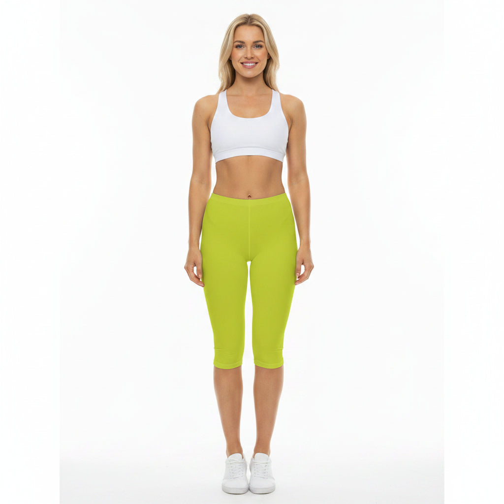 Bright Lime Color Women's Brushed Suede Poly Span Casual Capri Leggings XS-2XL