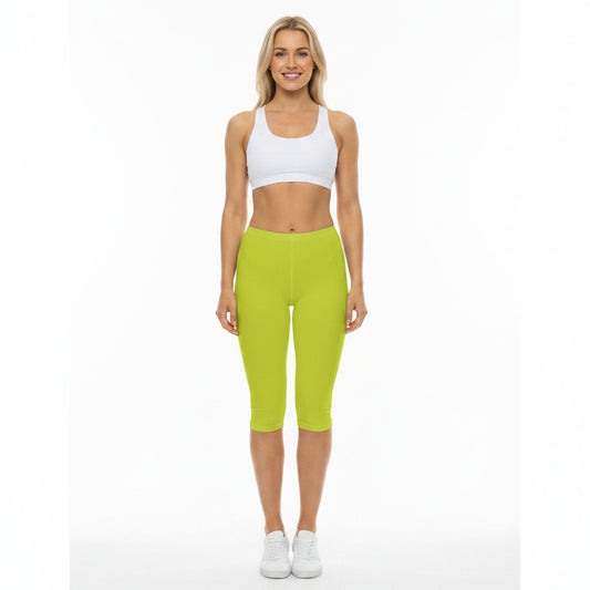 Bright Lime Color Women's Brushed Suede Poly Span Casual Capri Leggings XS-2XL