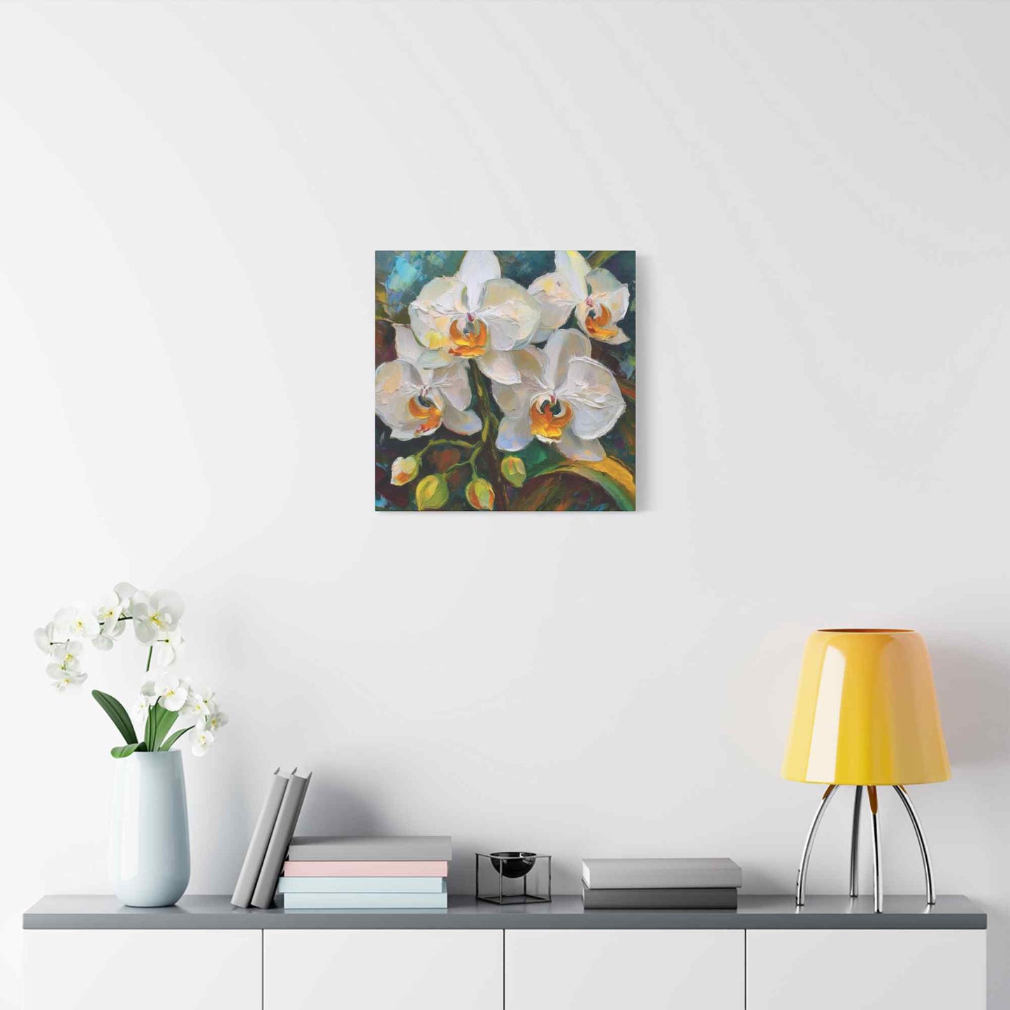 White Orchids Print Canvas, Floral Oil Paint Print 20x20, 24x24, 30x30, 32x32, 36x36 Art Design Pine-Wood Inner Frame MC-137