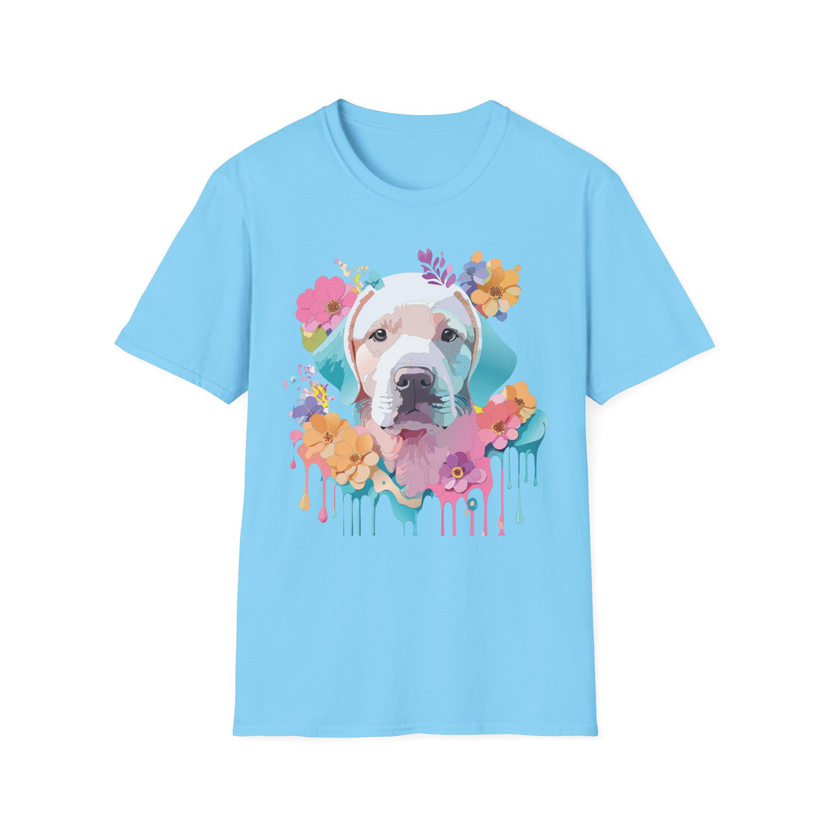 Colorful Pitbull Portrait T-Shirt | Floral Dog Art, Watercolor Drip