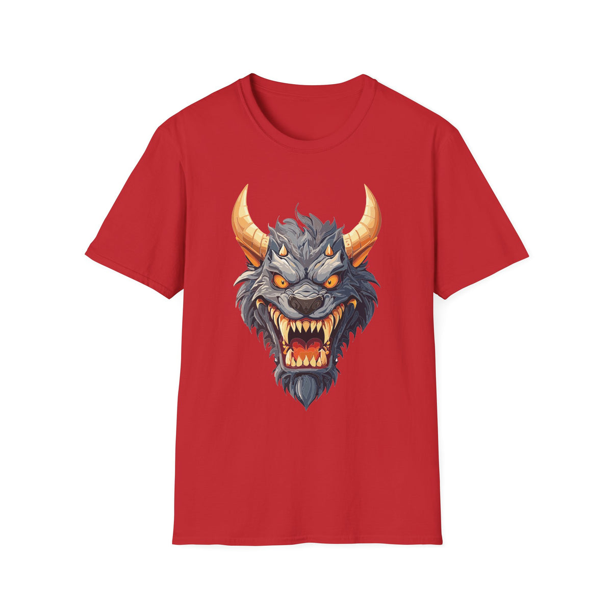 Demonic Beast Head T-Shirt — Horned Monster Cartoon Graphic Tee Unisex 100 Cotton Gildan T-Shirt
