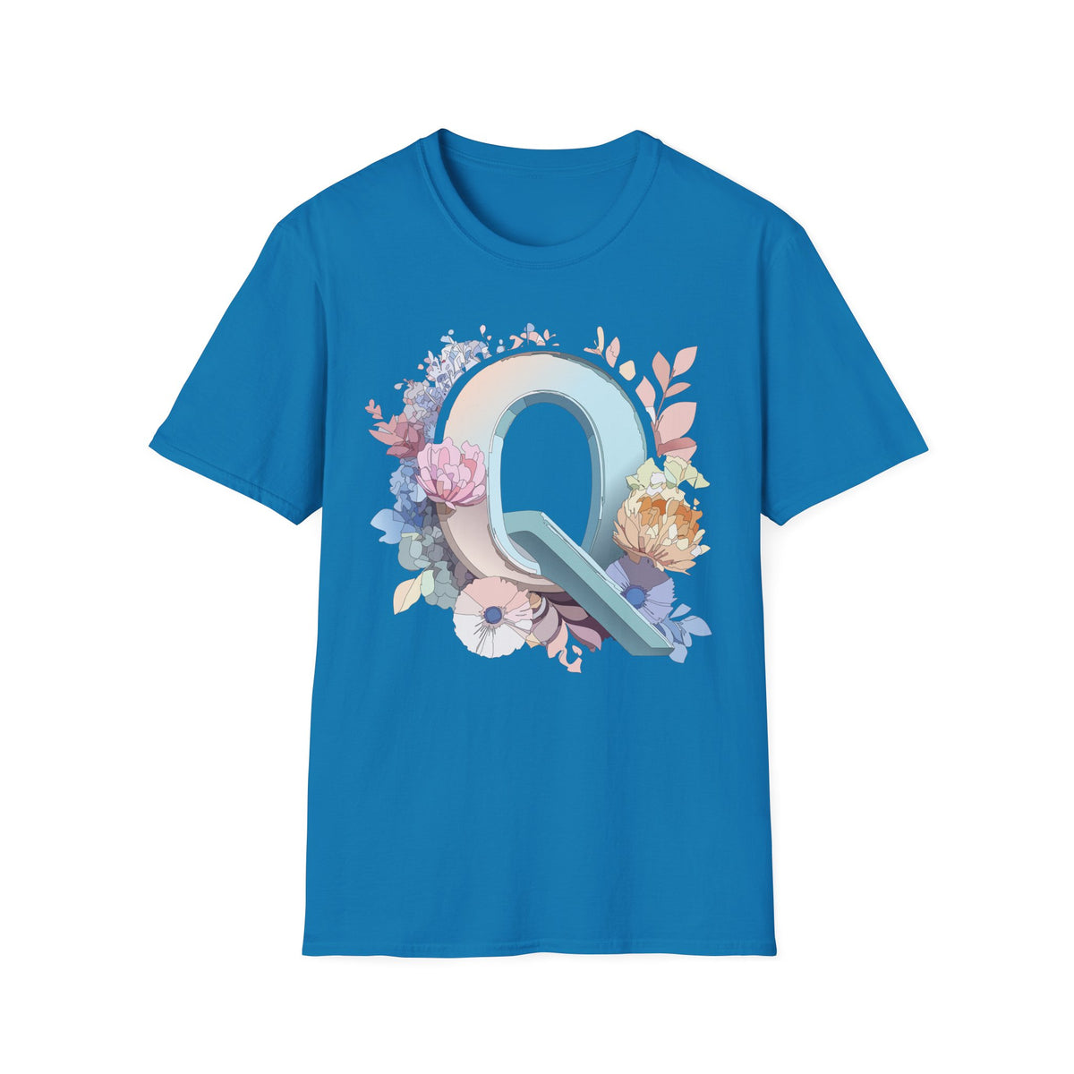 Floral Letter Q T-Shirt | Monogram Initial Tee, Pastel Botanical Alphabet