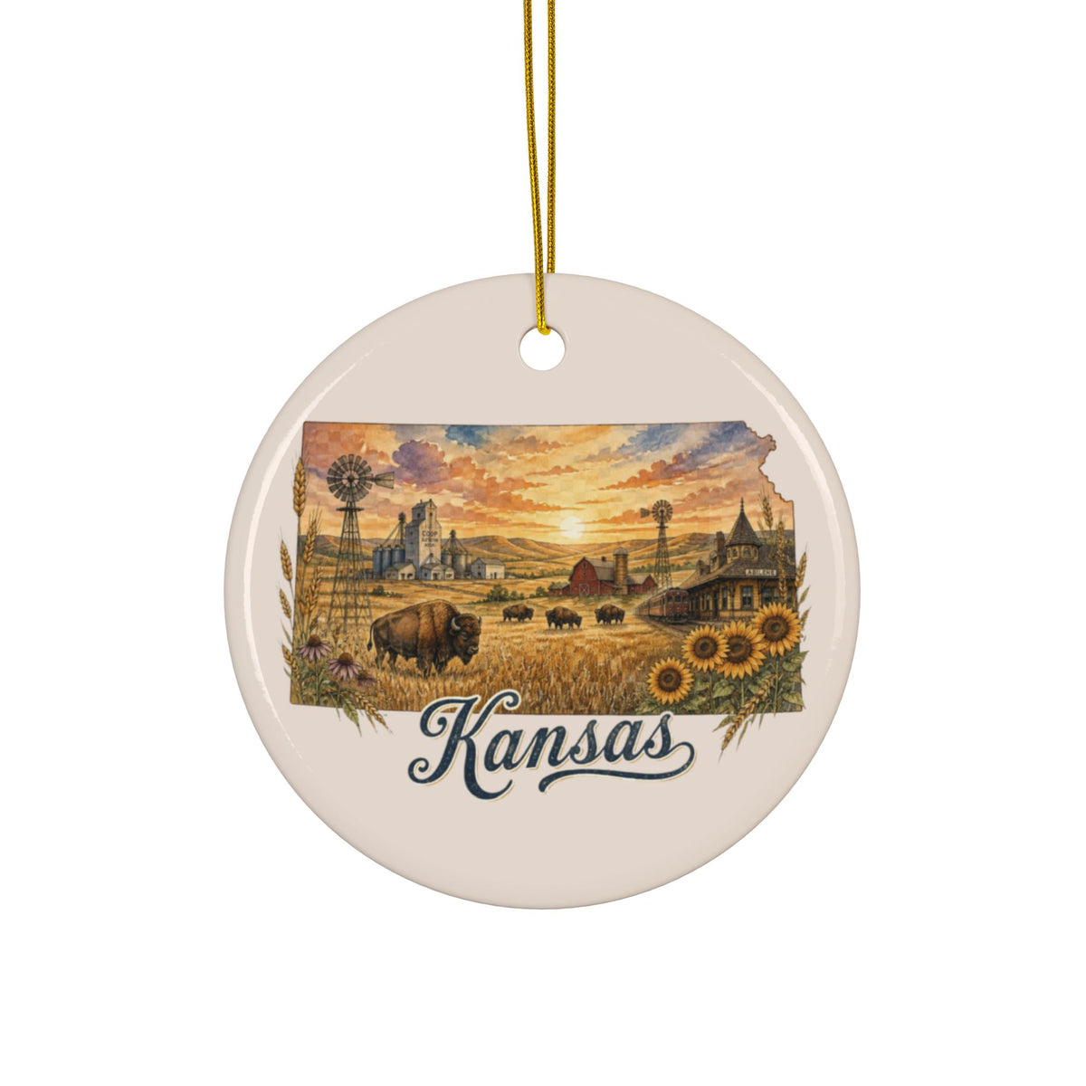 Kansas Vintage Prairie Scene Ceramic Ornament | Round 2-Side Print - 2.99" Includes Gold String