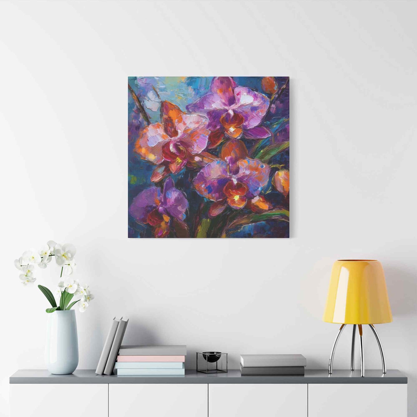 Purple Orchids Print Canvas, Floral Oil Paint Print 20x20, 24x24, 30x30, 32x32, 36x36 Art Design Pine-Wood Inner Frame MC-132