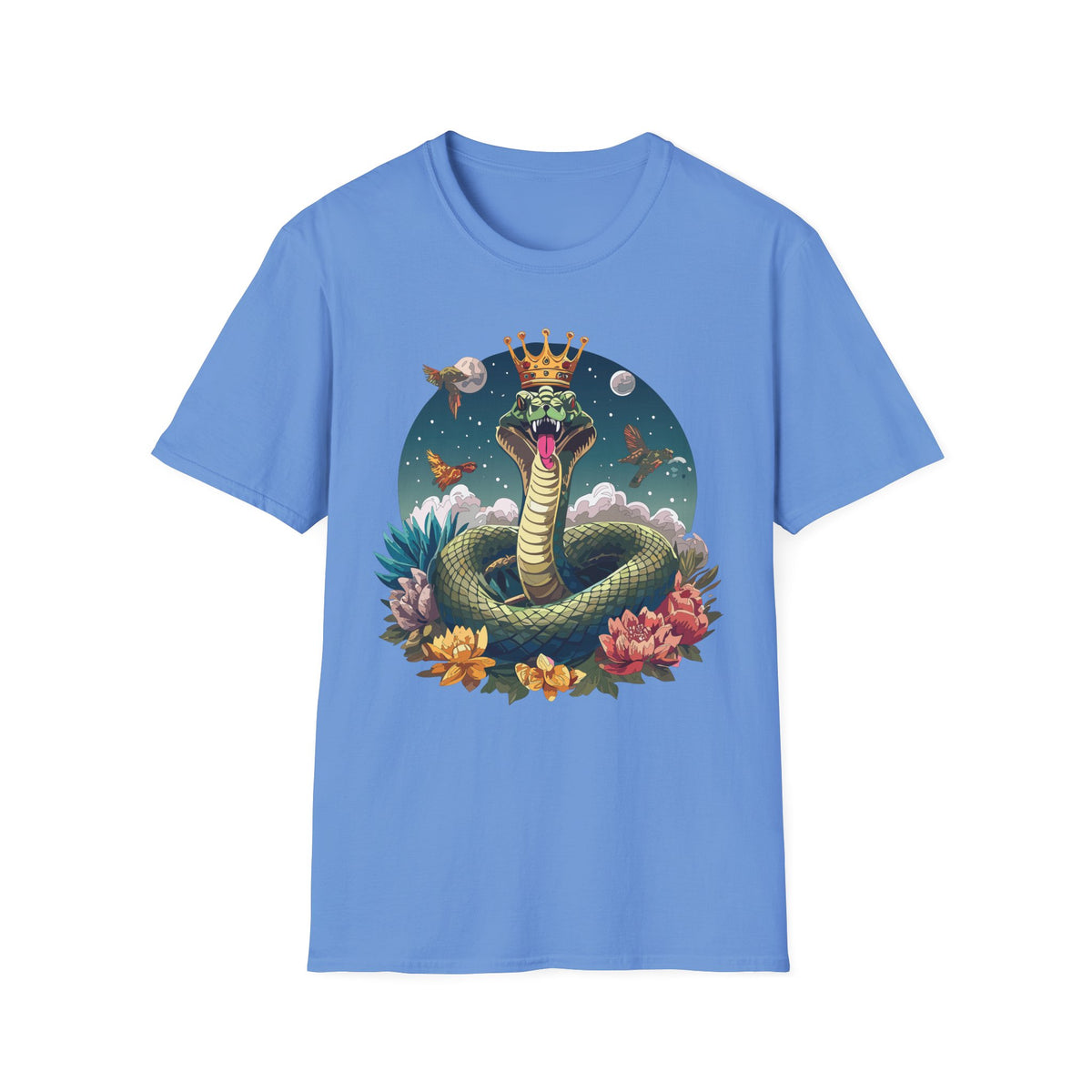 Crowned Snake Illustration T-Shirt | Regal Serpent, Floral Night Scene