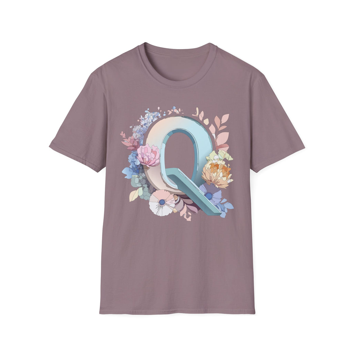 Floral Letter Q T-Shirt | Monogram Initial Tee, Pastel Botanical Alphabet