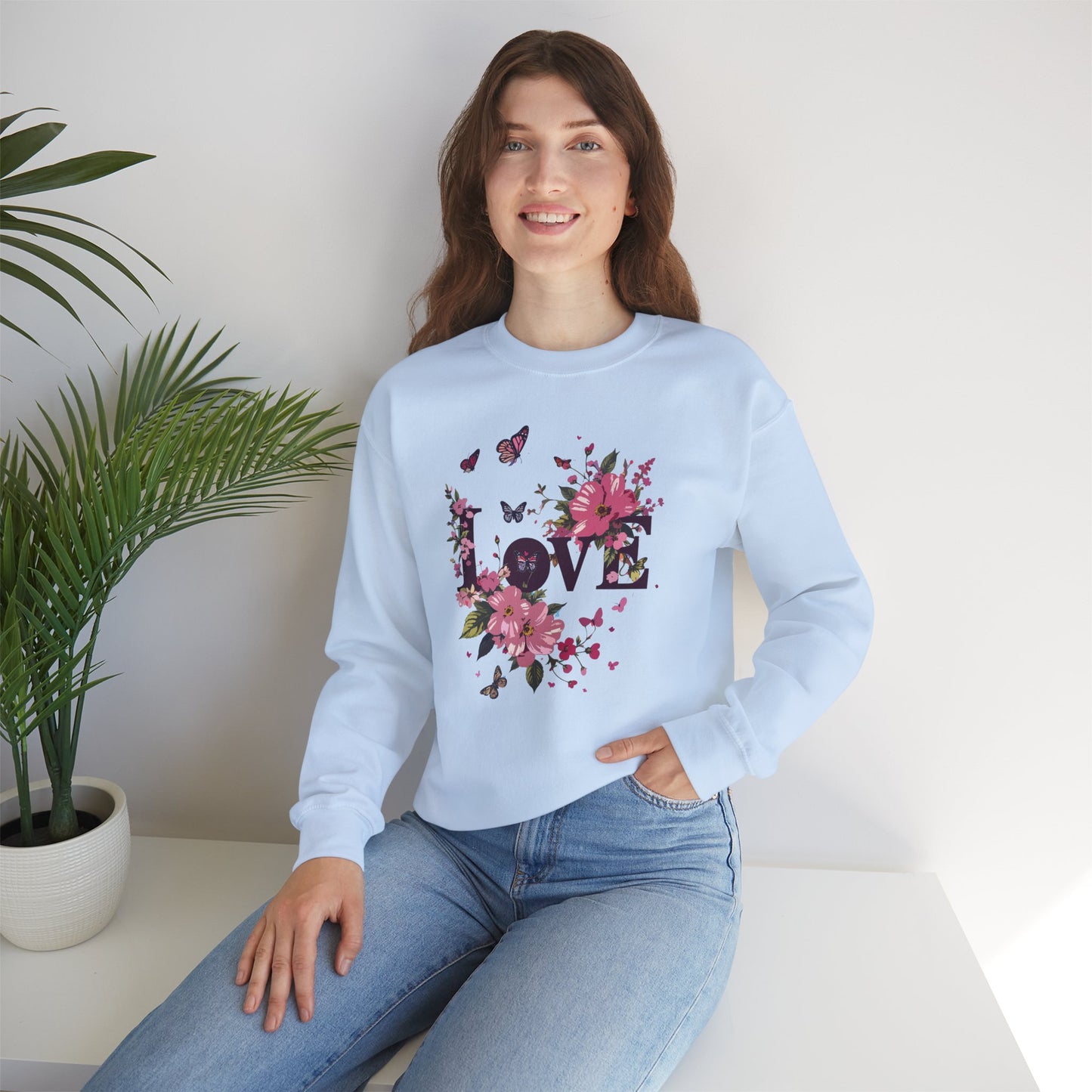 Unisex Floral Love Sweatshirt, Love Floral Sweatshirt, Floral Butterfly Sweatshirt, 50/50 Cotton-Poly Valentine's Day Sweatshirt 05