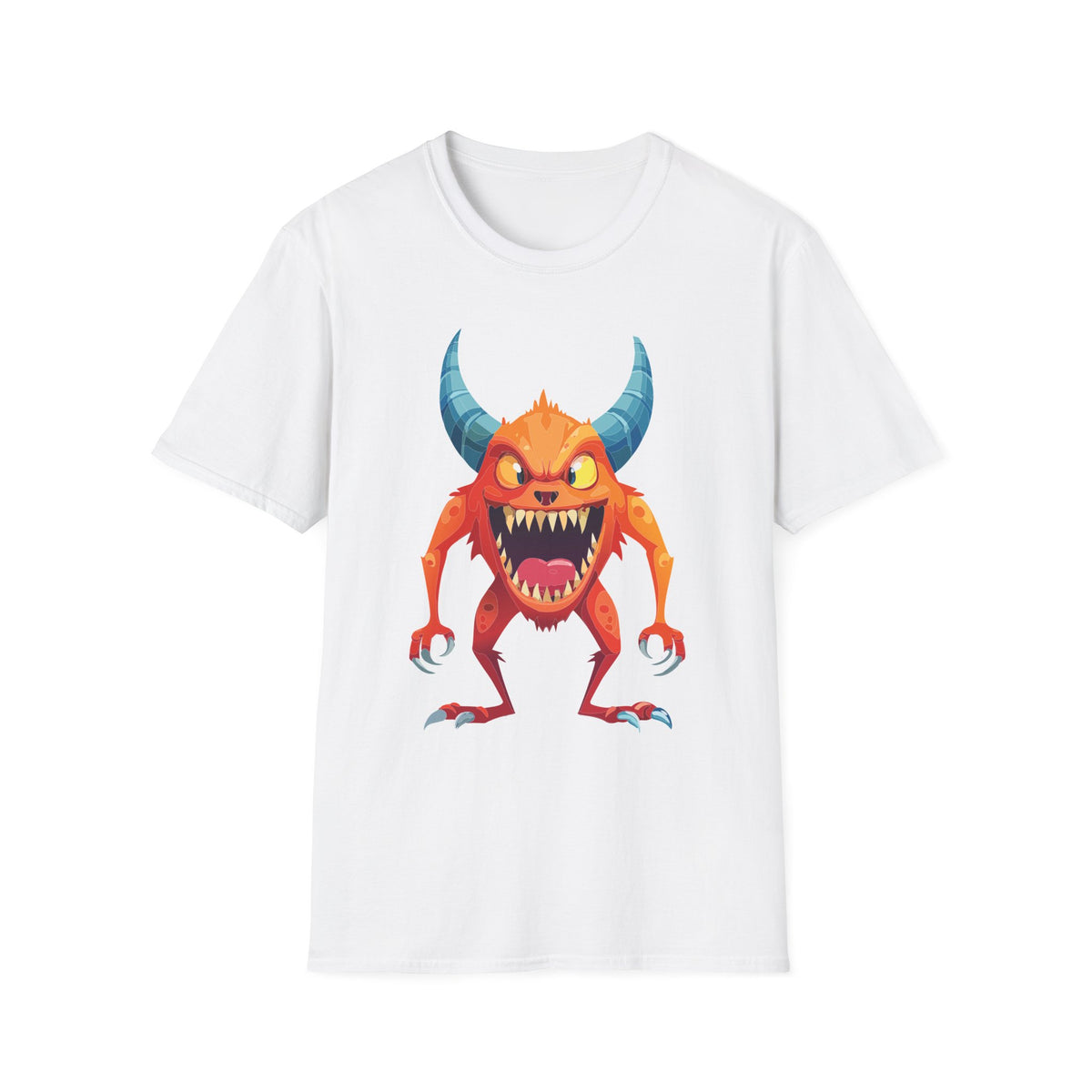 Orange Horned Monster T-Shirt — Cute Scary Cartoon Tee for Kids & Halloween Cartoon Graphic Tee Unisex 100 Cotton Gildan T-Shirt