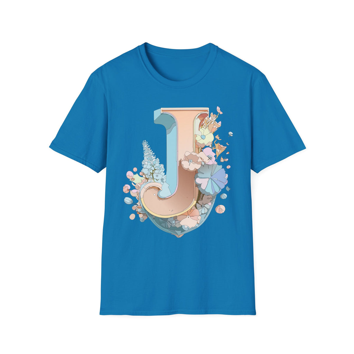 Floral Letter J T-Shirt | Monogram Initial Tee, Pastel Botanical Typography