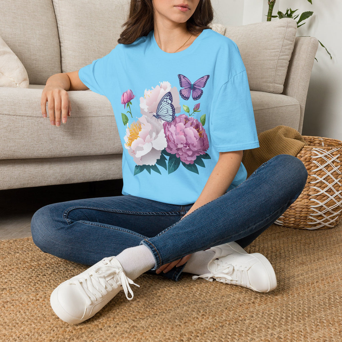 Floral Peonies & Butterflies T-Shirt — pastel garden tee for spring, Mother's Day Graphic Tee Unisex 100 Cotton Gildan T-Shirt