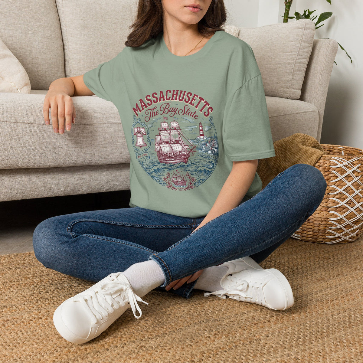 Massachusetts The Bay State T-Shirt – Vintage Nautical Ship Lighthouse Travel Tourist Graphic Design Unisex 100 Cotton Gildan T-Shirt