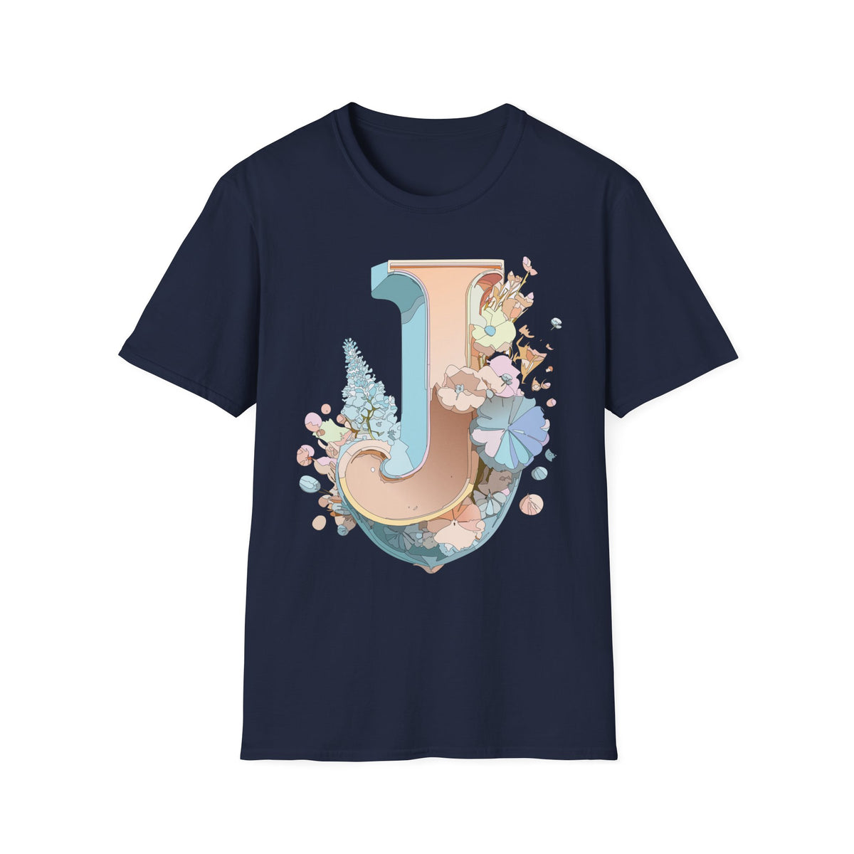 Floral Letter J T-Shirt | Monogram Initial Tee, Pastel Botanical Typography