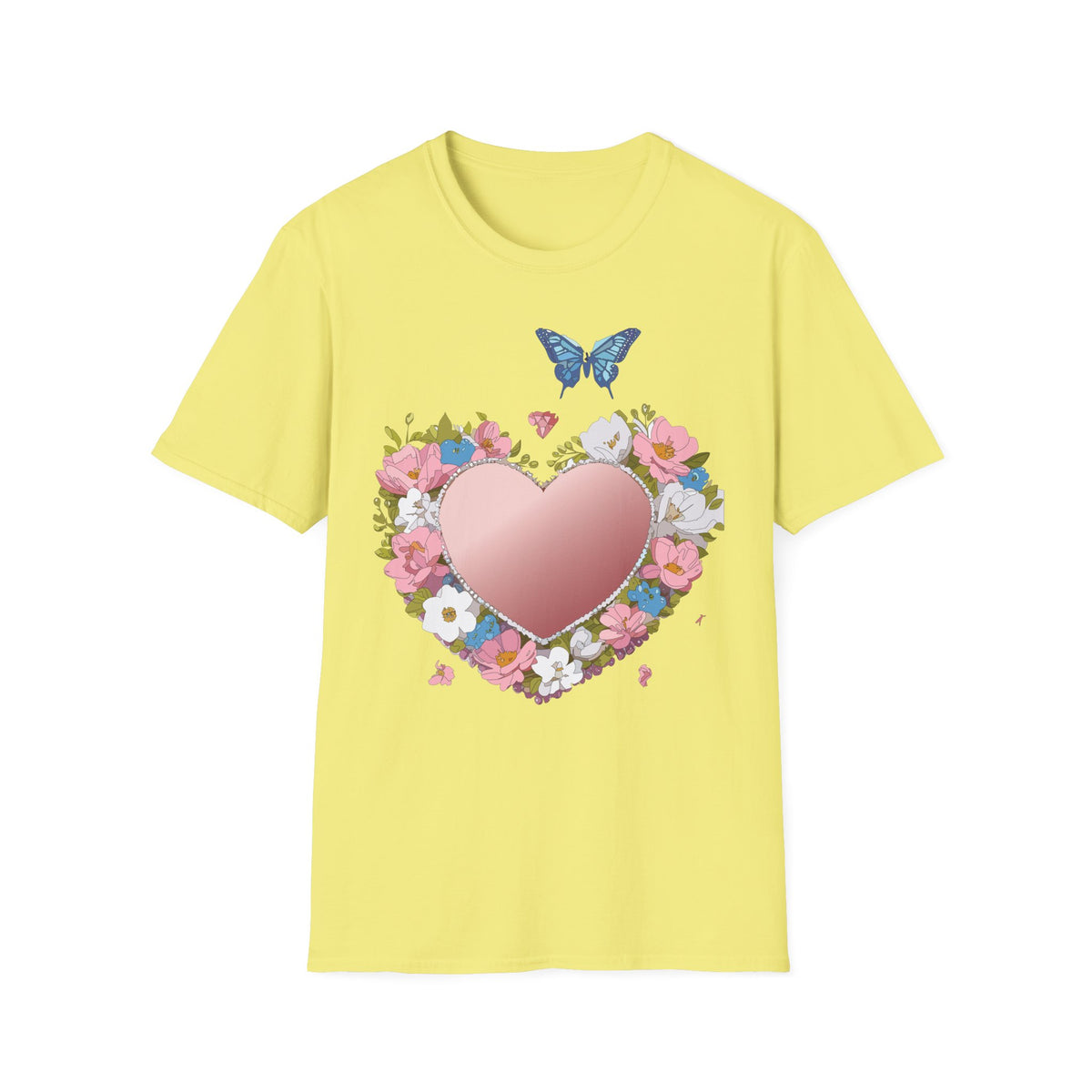 Floral Heart with Blue Butterfly T-Shirt | Pink Heart Floral Graphic Tee Unisex 100 Cotton Gildan T-Shirt