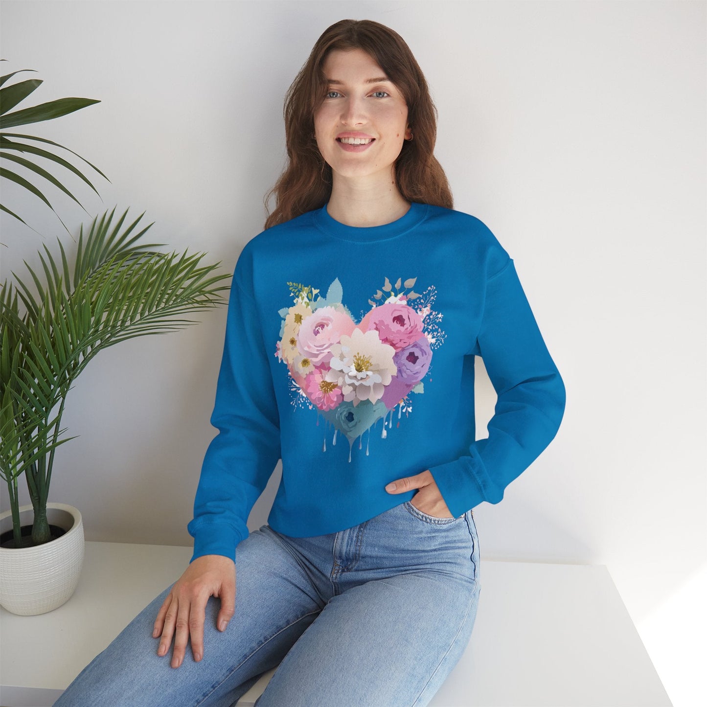 Floral Heart Unisex Crewneck Sweatshirt With Floral Love Valentines Day Design Premium Heavy Blend