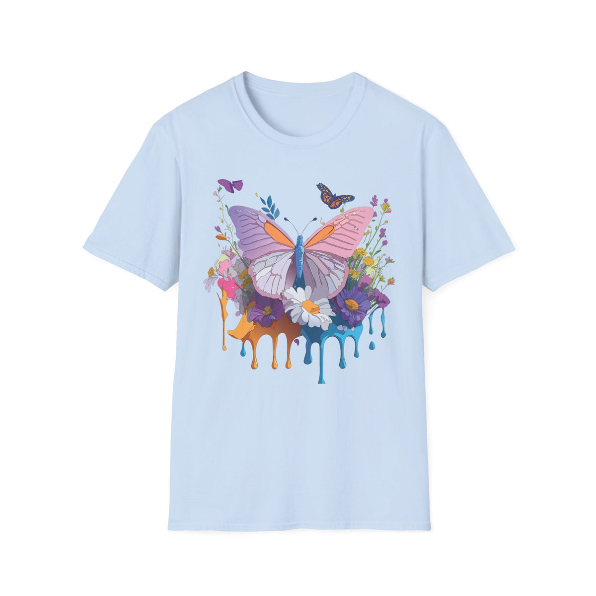 Butterfly Watercolor Drip T-Shirt — Pastel Floral Butterfly Graphic Design Unisex 100 Cotton Gildan T-Shirt