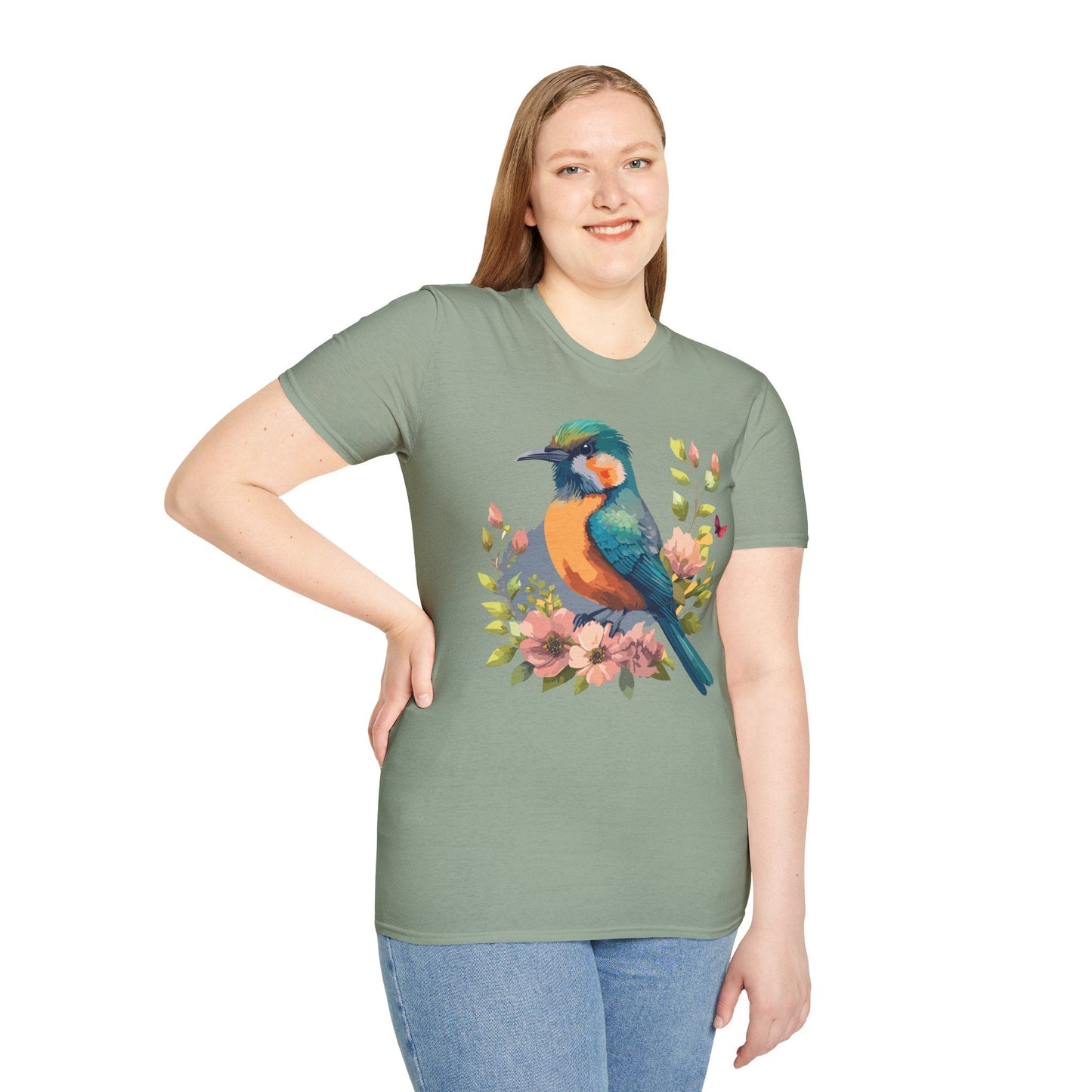 Floral Bird T Shirt Unisex Softstyle Tee 100 Percent Ring Spun Cotton Animal Print