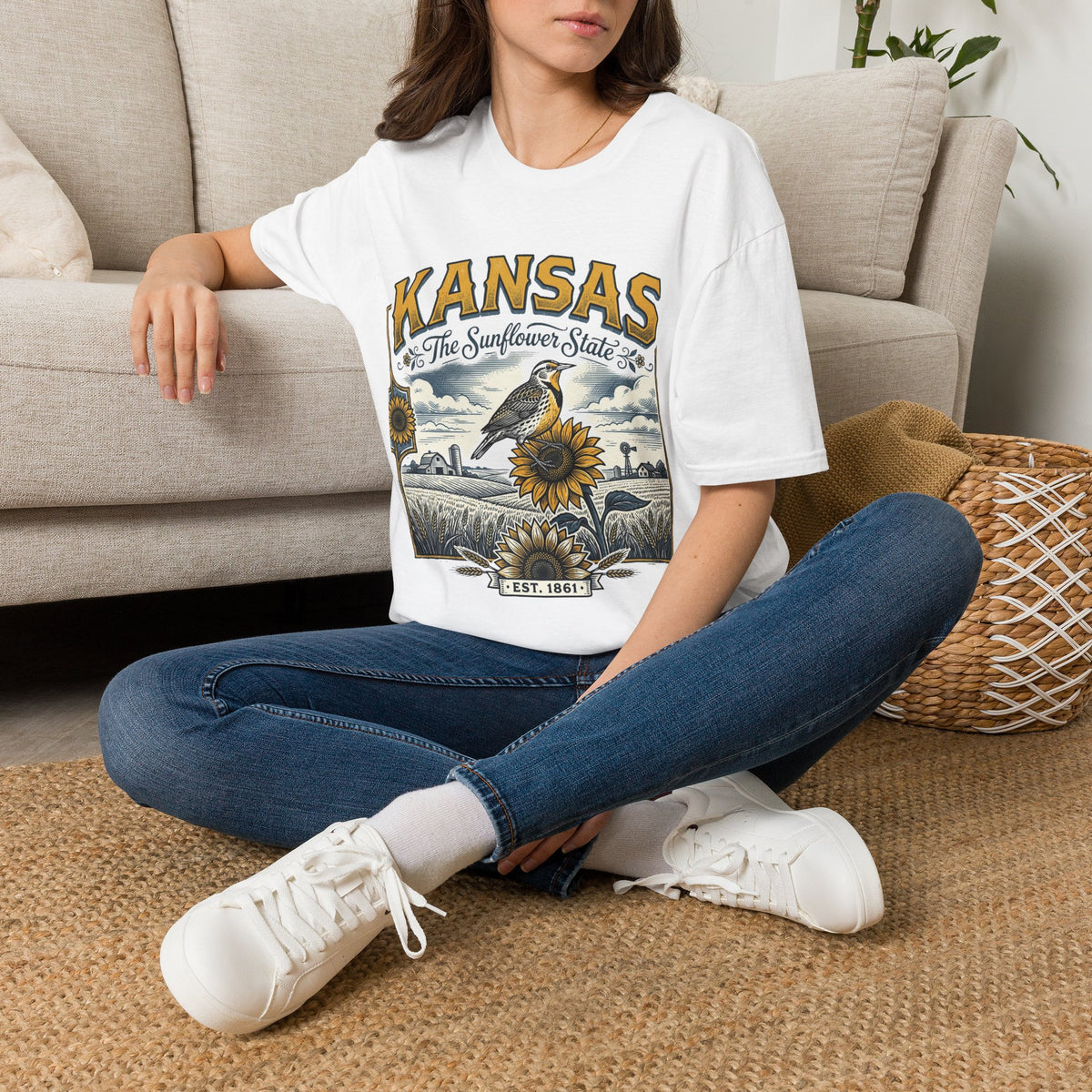 Kansas The Sunflower State T-Shirt | Vintage Meadow Bird Sunflower Design