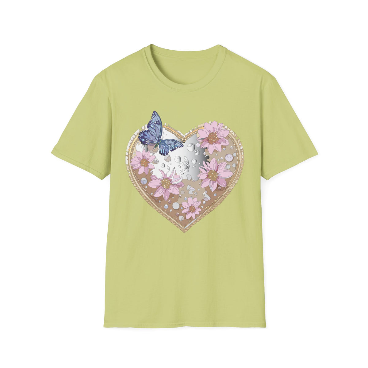 Floral Heart with Butterfly T-Shirt | Pink Flowers, Moon Phases Graphic Tee Unisex 100 Cotton Gildan T-Shirt