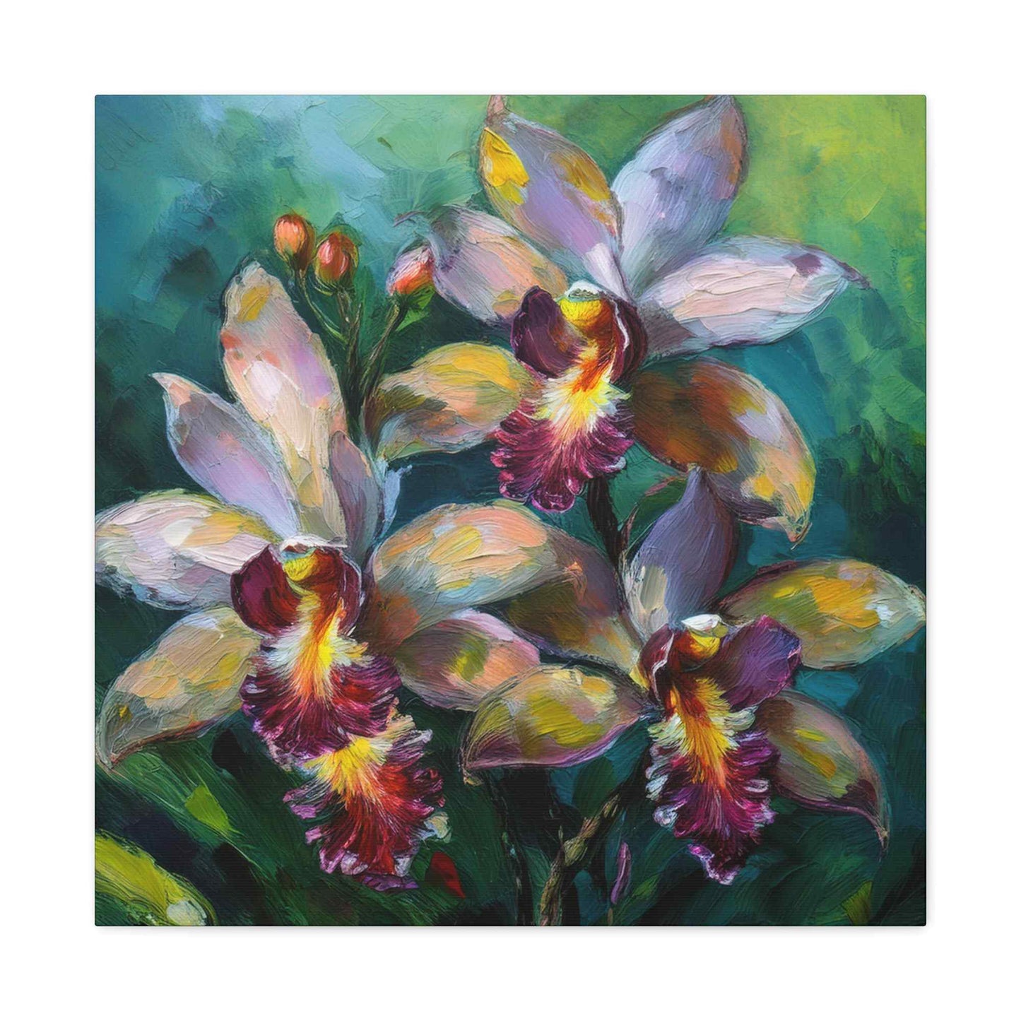 Blue Orchids Print Canvas, Floral Oil Paint Print 20x20, 24x24, 30x30, 32x32, 36x36 Art Design Pine-Wood Inner Frame MC-134