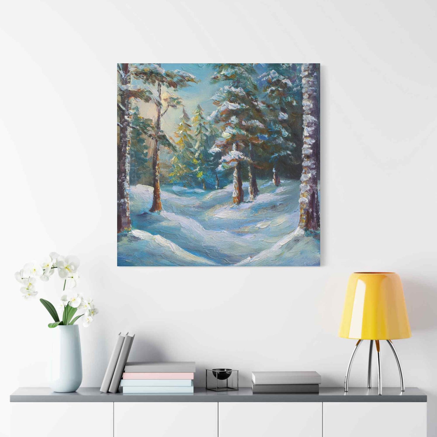 Snow Forest Print Canvas, Oil Paint Print 20x20, 24x24, 30x30, 32x32, 36x36 Art Design Print Pine-Wood Inner Frame MC-75