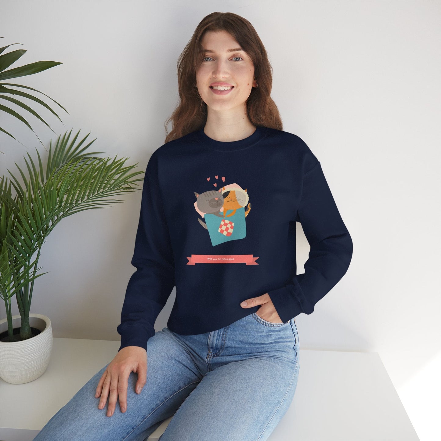 Cat Heart Sweatshirt Unisex Valentines Day 50 50 Cotton Poly Crewneck Gildan 18000