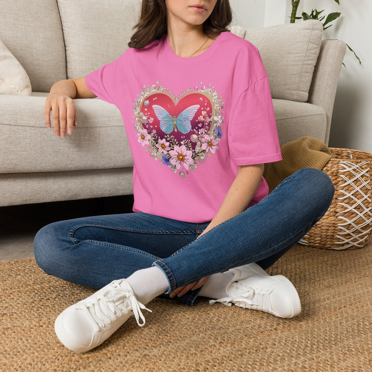 Butterfly Heart Floral Graphic Design Unisex 100 Cotton Gildan T-Shirt