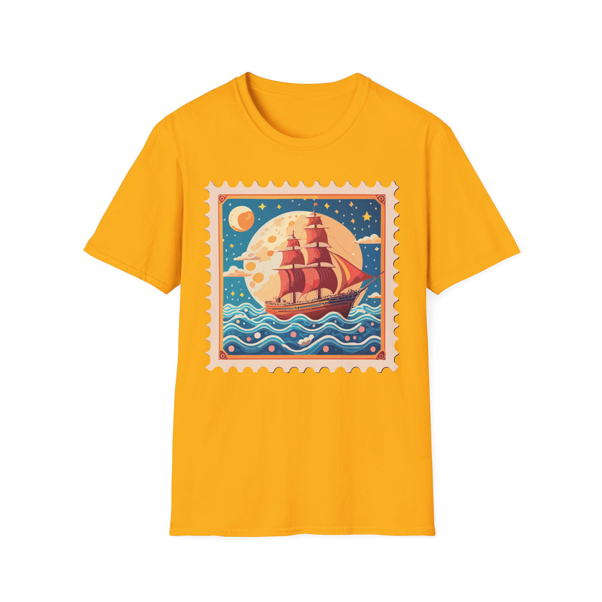 Vintage Sailing Ship Stamp T-Shirt | Retro Moon Ocean Illustration