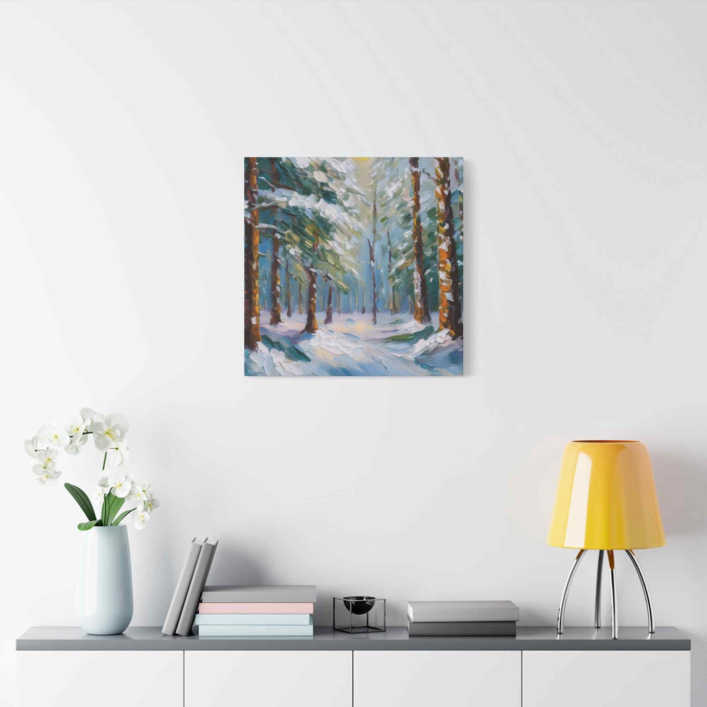 Snow Forest Print Canvas, Oil Paint Print 20x20, 24x24, 30x30, 32x32, 36x36 Art Design Print Pine-Wood Inner Frame MC-81