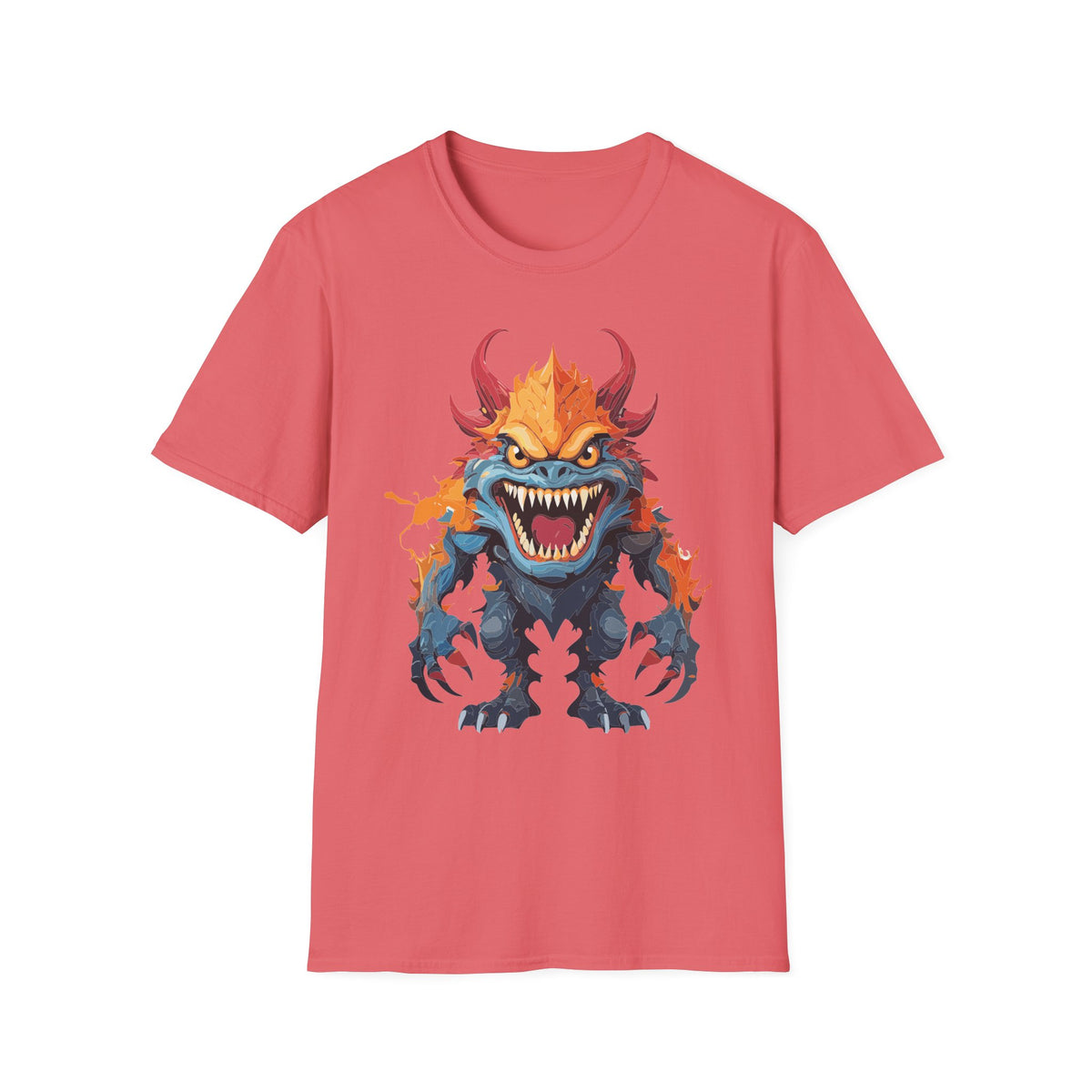 Monster T-Shirt — Fiery Demon Creature Cartoon Graphic Tee Unisex 100 Cotton Gildan T-Shirt