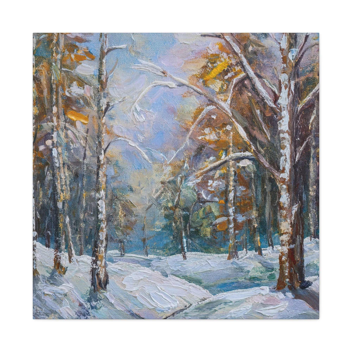 Snow Forest Print Canvas, Oil Paint Print 20x20, 24x24, 30x30, 32x32, 36x36 Art Design Print Pine-Wood Inner Frame MC-80