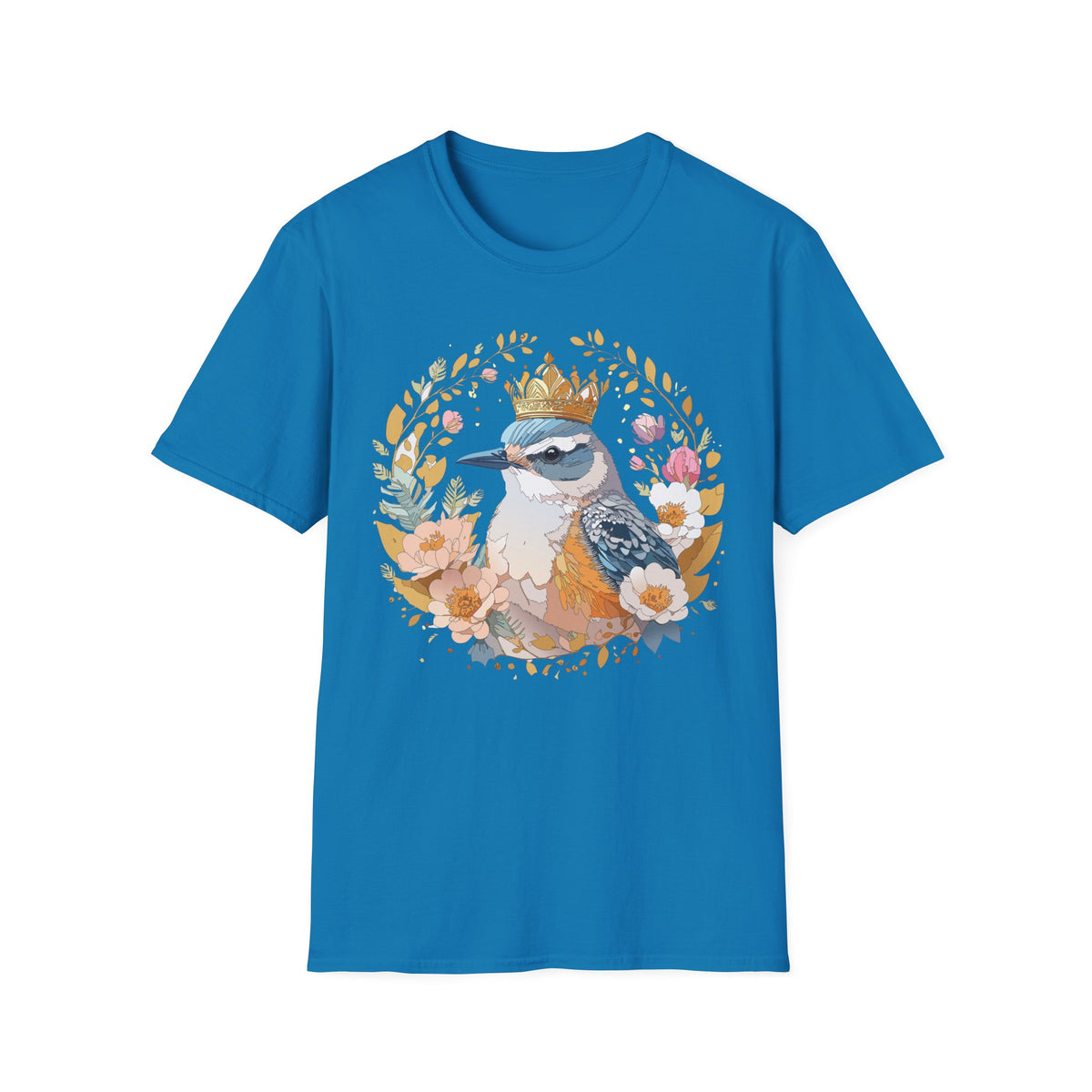 Crowned Bluebird Floral Illustration T-Shirt | Whimsical Bird Art