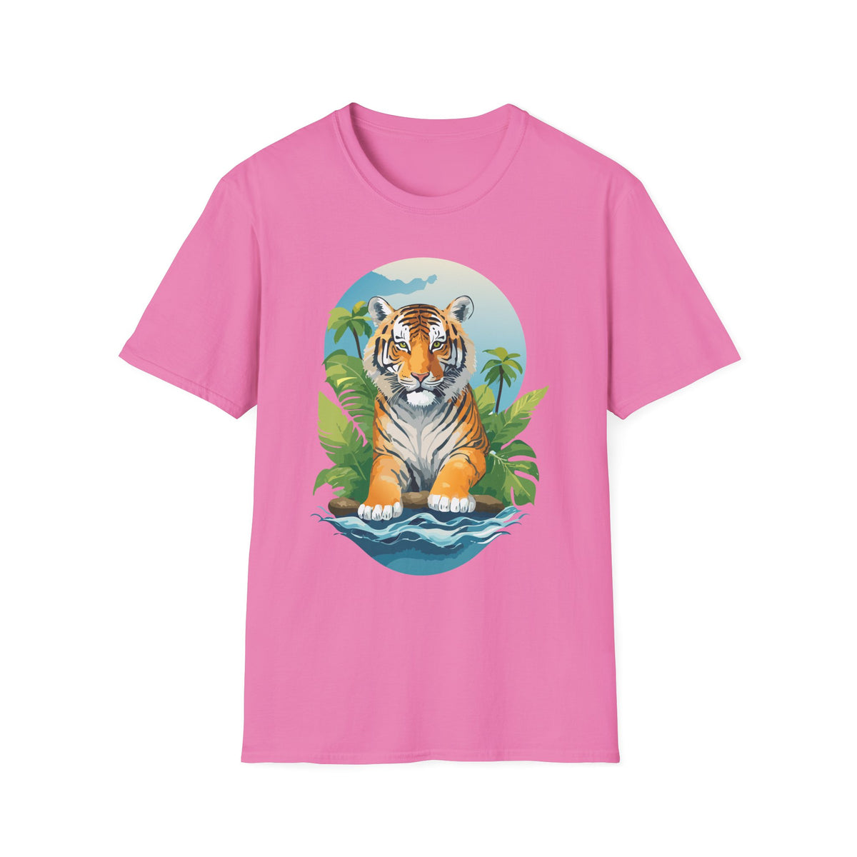 Tropical Tiger Illustration T-Shirt | Jungle Palm Sunset Tee