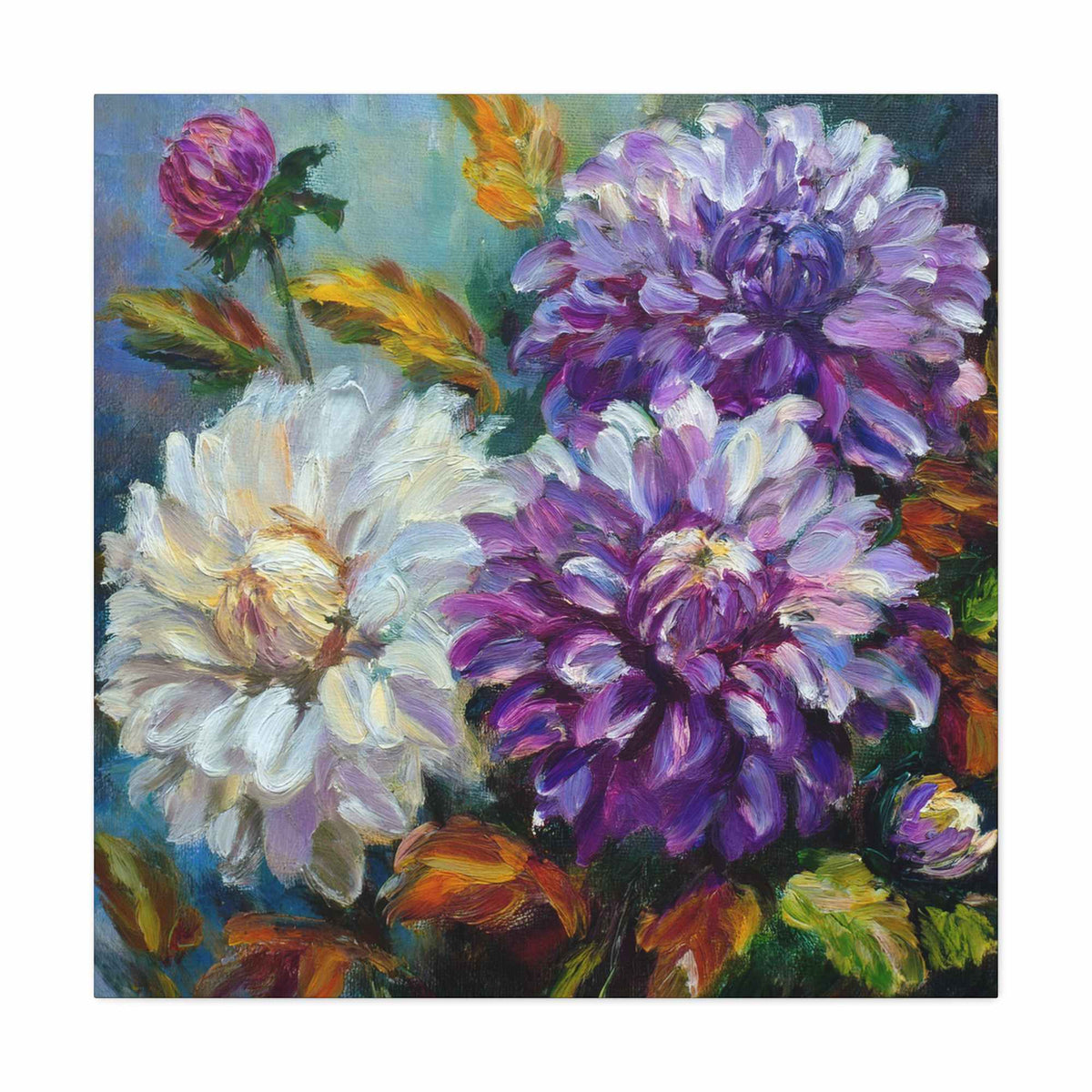 Dahlias Floral Print Canvas, Floral Oil Paint Print 20x20, 24x24, 30x30, 32x32, 36x36 Art Design Pine-Wood Inner Frame MC-173