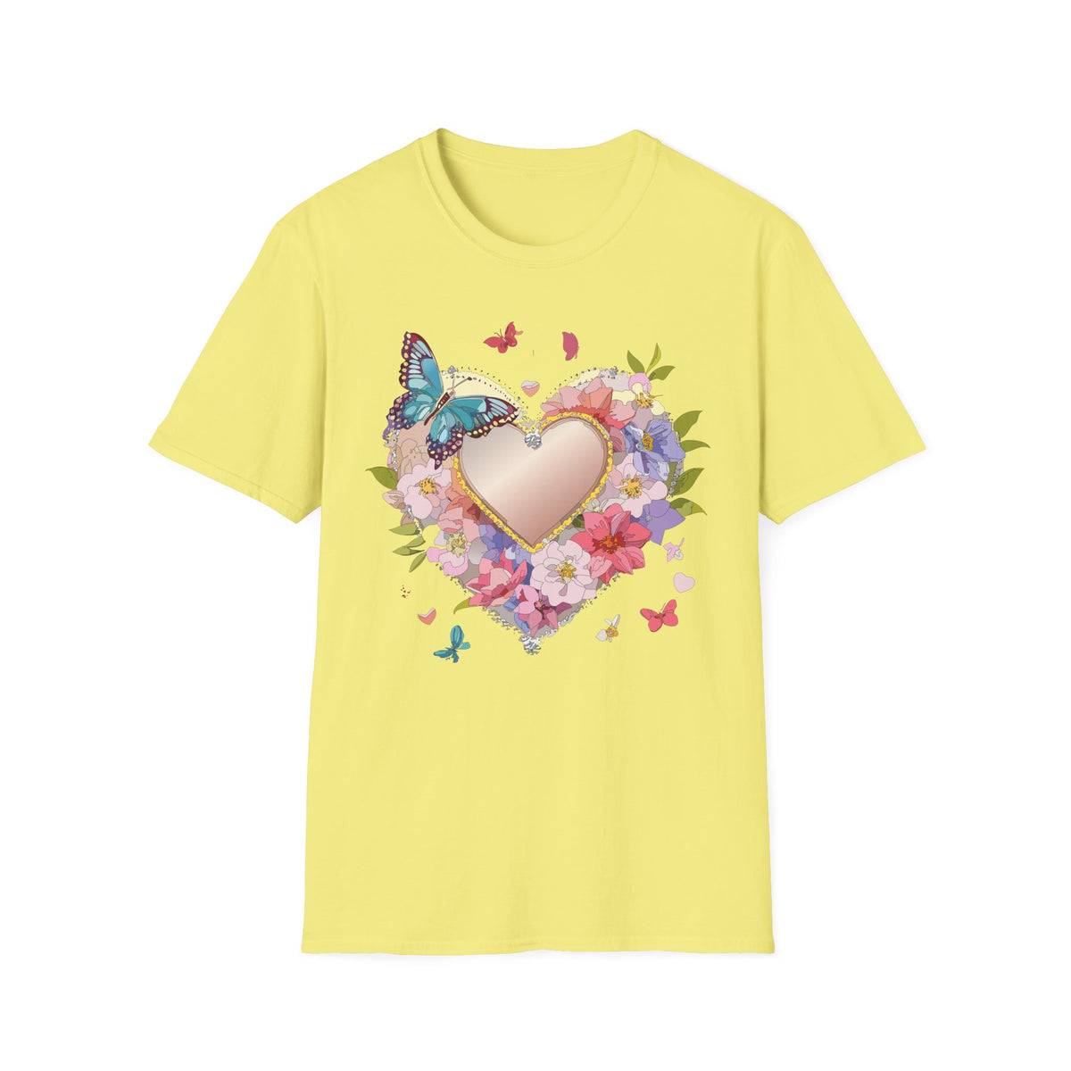 Butterfly Floral Heart Pink Gold Heart with Flowers and Butterflies Graphic Design Unisex 100 Cotton Gildan T-Shirt