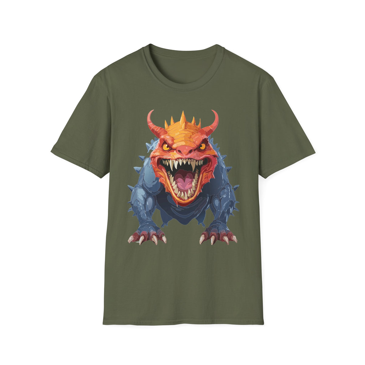 Dragon Monster T-Shirt — Fierce Orange & Blue Fantasy Creature Cartoon Graphic Tee Unisex 100 Cotton Gildan T-Shirt