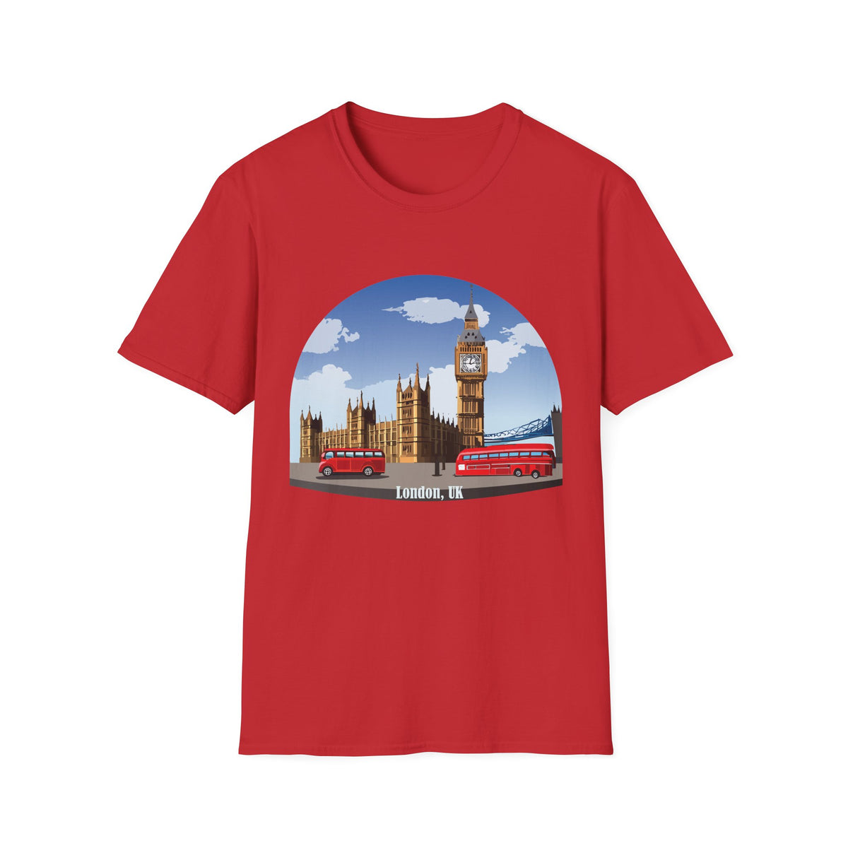 London Skyline Big Ben Illustration T-Shirt | Double Decker Bus, Bridge