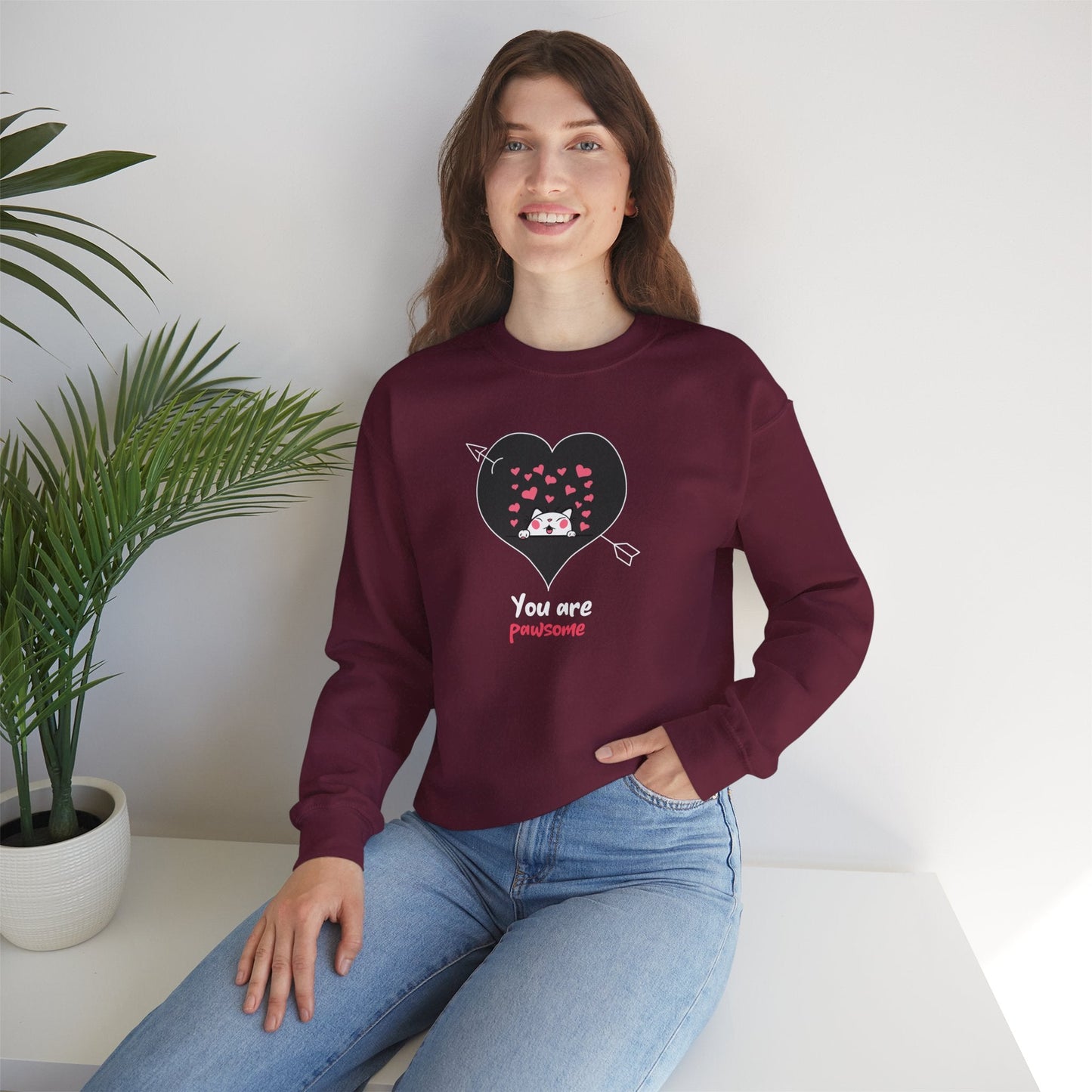 Cat Heart Sweatshirt Valentines Day Fifty Fifty Cotton Poly Unisex Crewneck Gift Idea