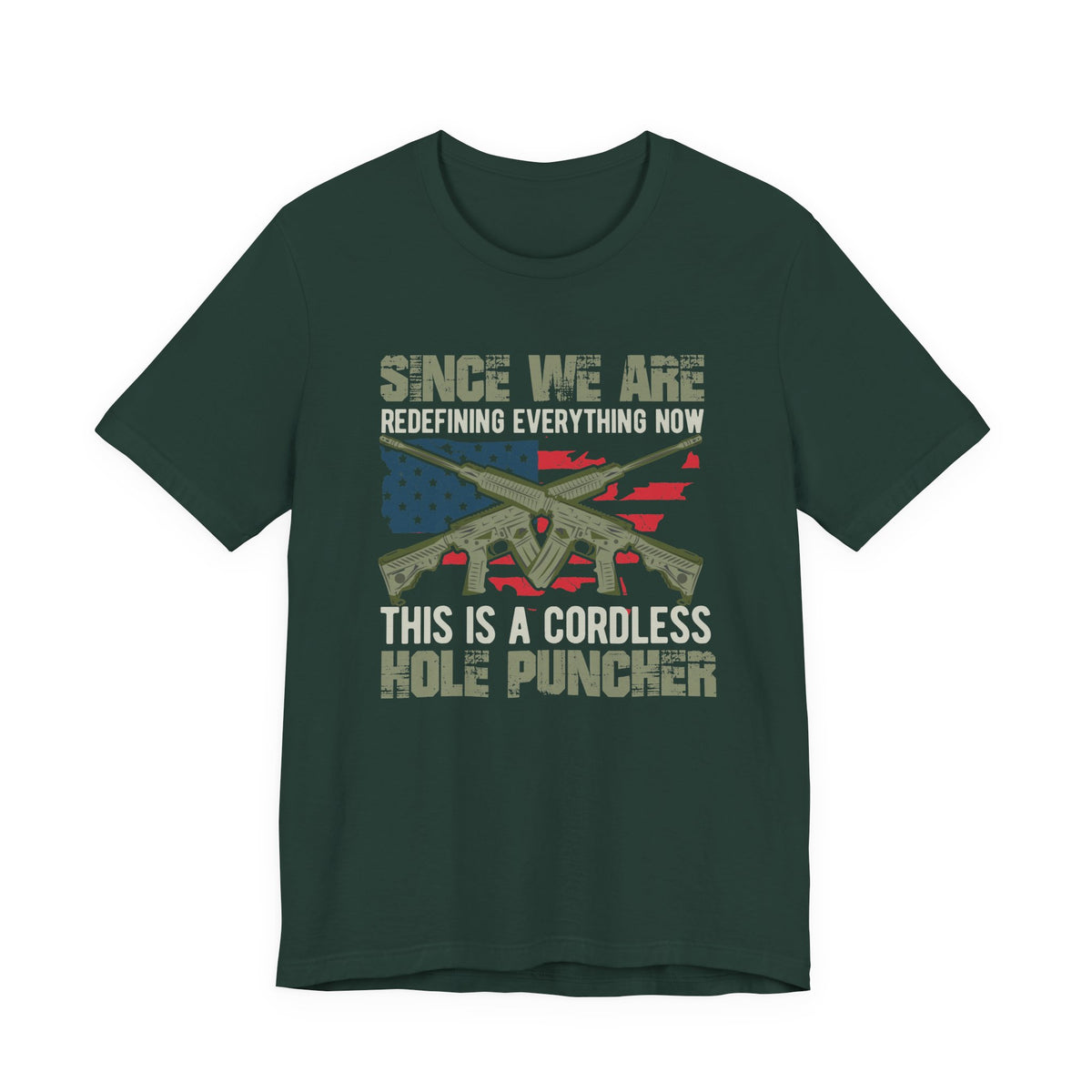 Cordless Kole Puncher graphic Tee Rifle Flag Design, Patriotic Military Theme Unisex Cotton v14