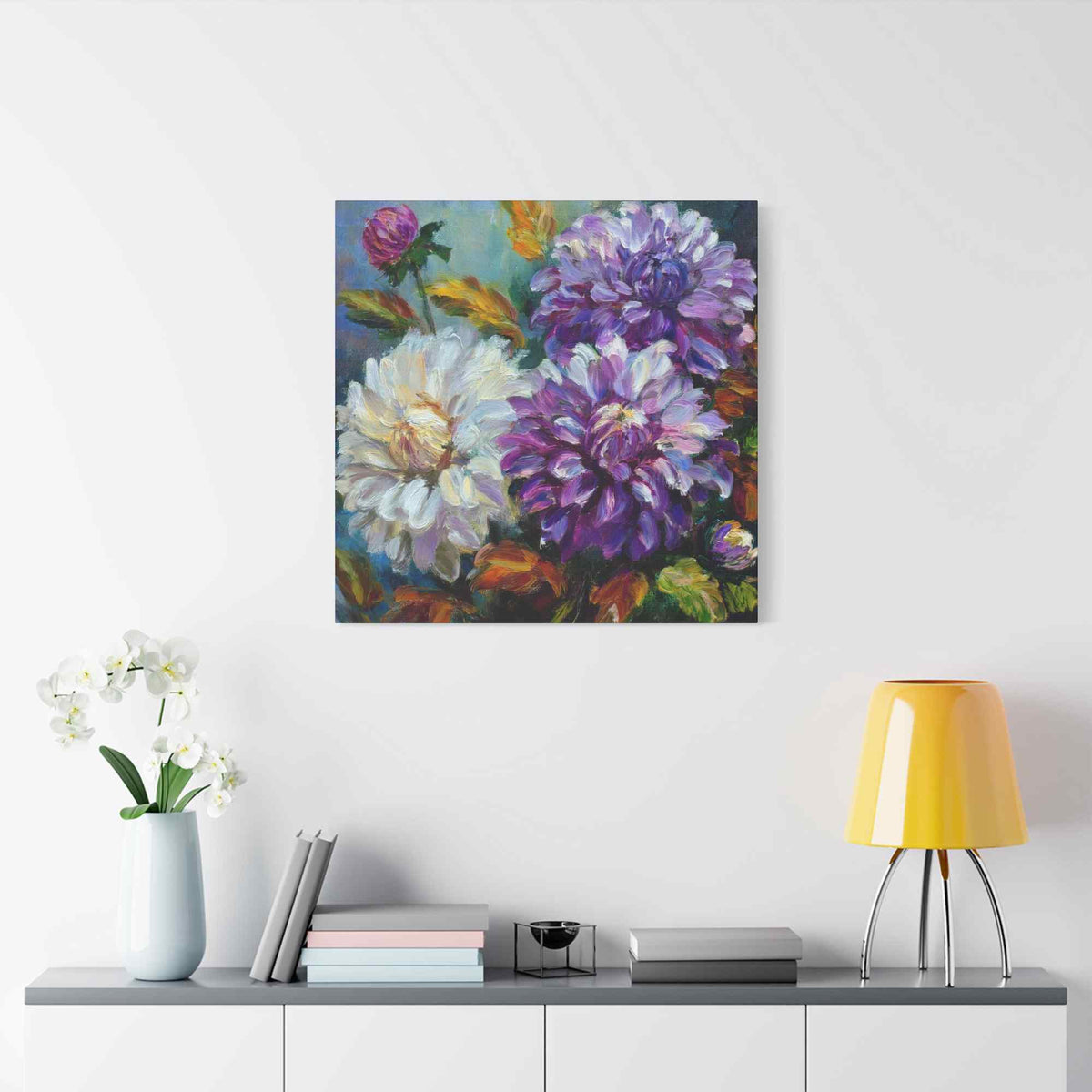 Dahlias Floral Print Canvas, Floral Oil Paint Print 20x20, 24x24, 30x30, 32x32, 36x36 Art Design Pine-Wood Inner Frame MC-173