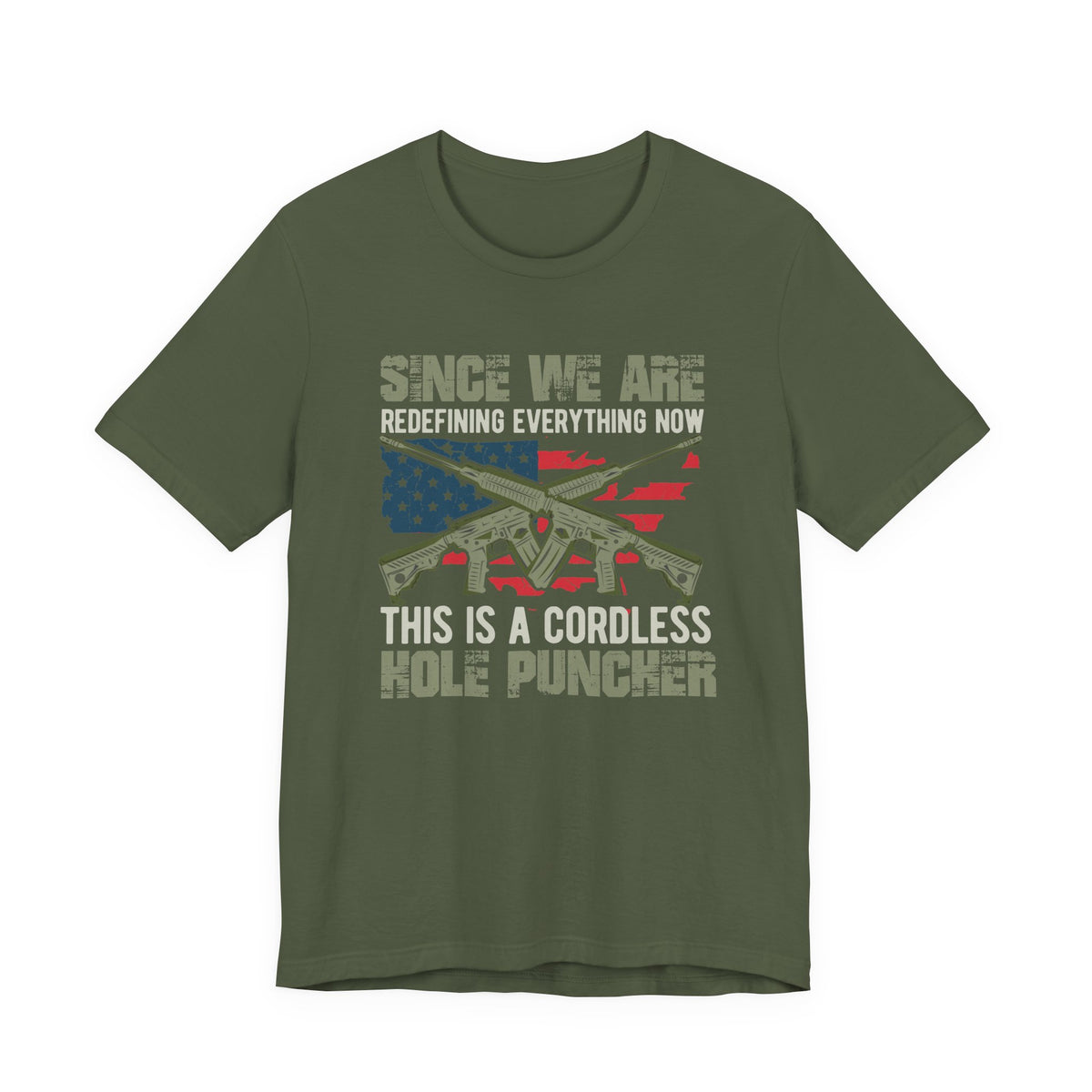 Cordless Kole Puncher graphic Tee Rifle Flag Design, Patriotic Military Theme Unisex Cotton v14