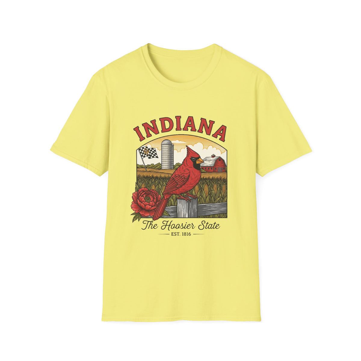 Indiana Cardinal Bird Tee — The Hoosier State Vintage Farm Design Travel Tourist Graphic Design Unisex 100 Cotton Gildan T-Shirt